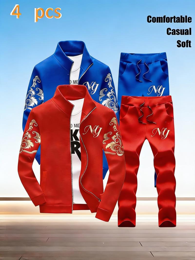 Men's Stand-Collar Zipper Tracksuit - Stylish NY Embroidered Pattern, 4-Piece Casual Sports Set