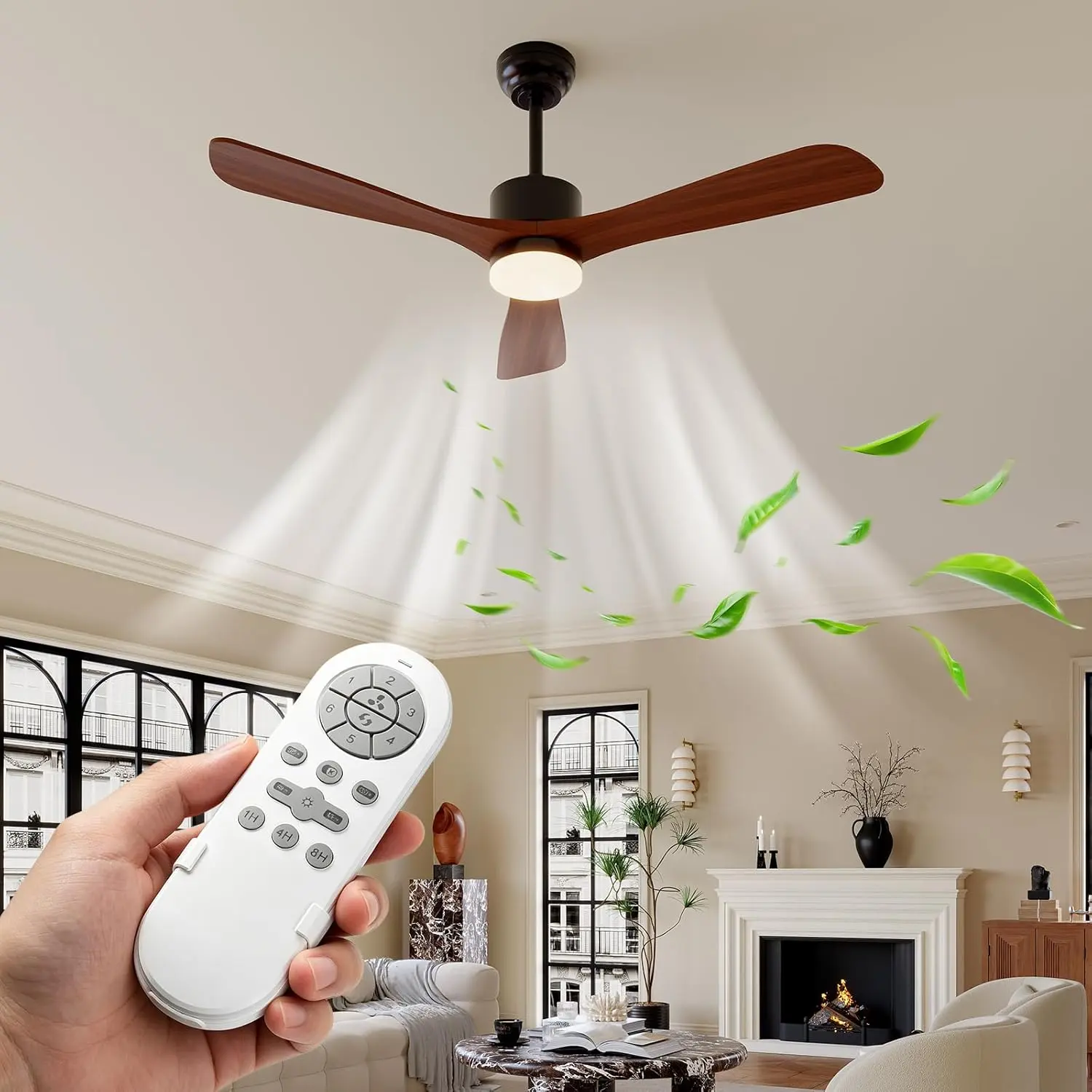 Ceiling Fans with Lights and Remote Control - Solid Wood Blades Ceiling Fan with Dimmable 24W LED Light, 3 Color Temperatures, Quiet Reversible DC Motor, 6 Speeds for Bedroom Living Room Patio