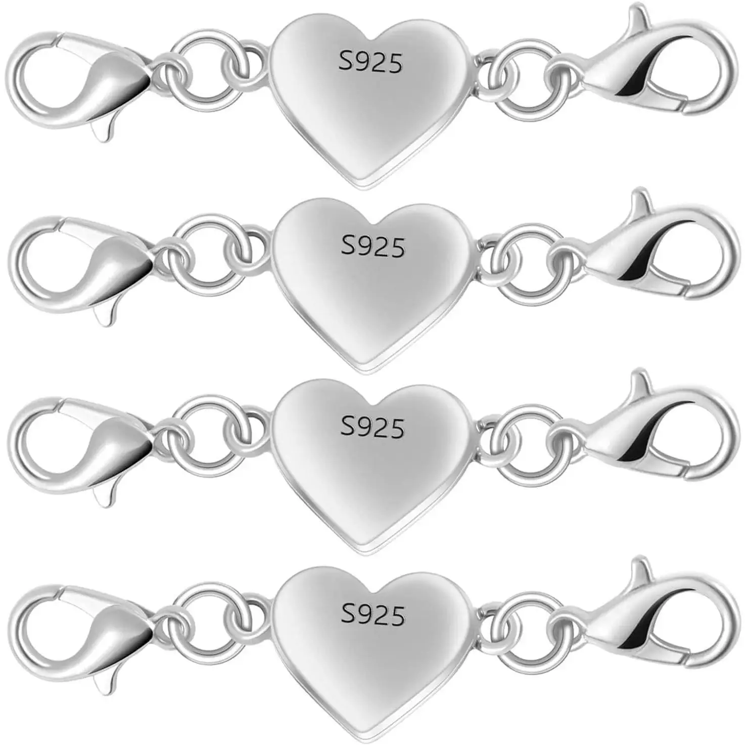 925 Silver Heart-Shaped Magnetic Clasps (Magnets Inside Necklaces) - Jewelry Making Converter, Chain Extender Connector for Bracelets (4pcs Silvery)