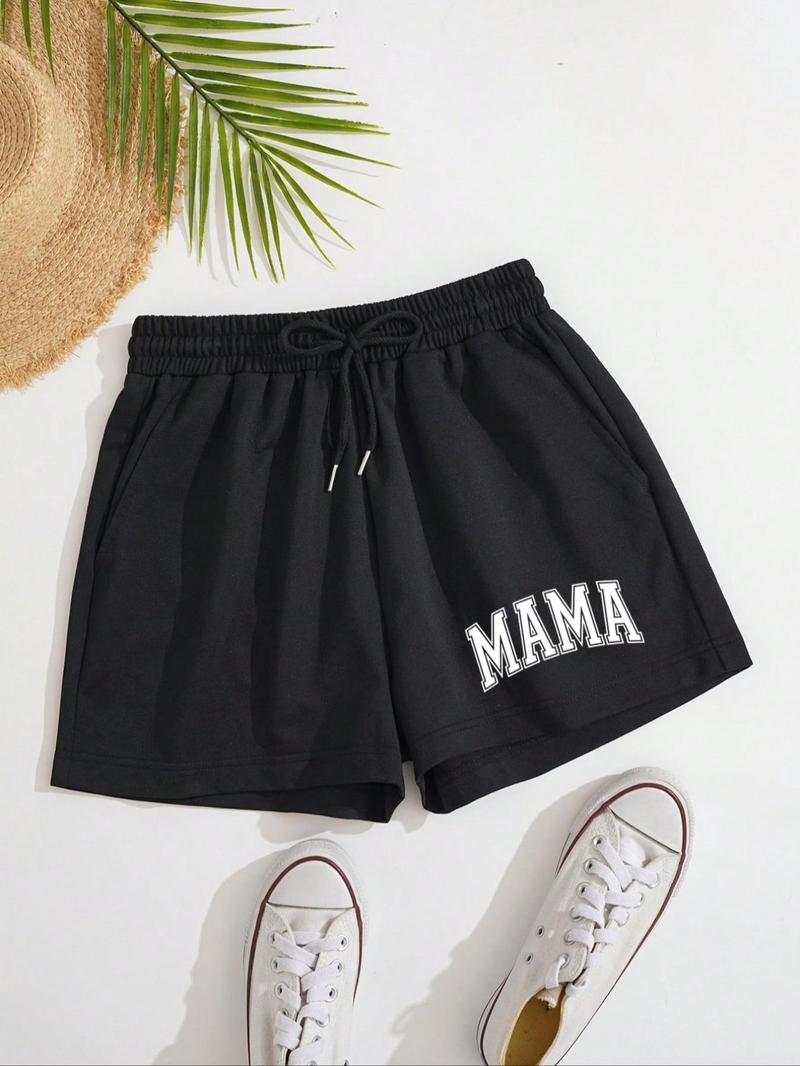 Women's Letter Print Drawstring Waist Shorts, Casual Elastic Waist Pocket Shorts for Summer, Ladies Bottoms for Daily Wear
