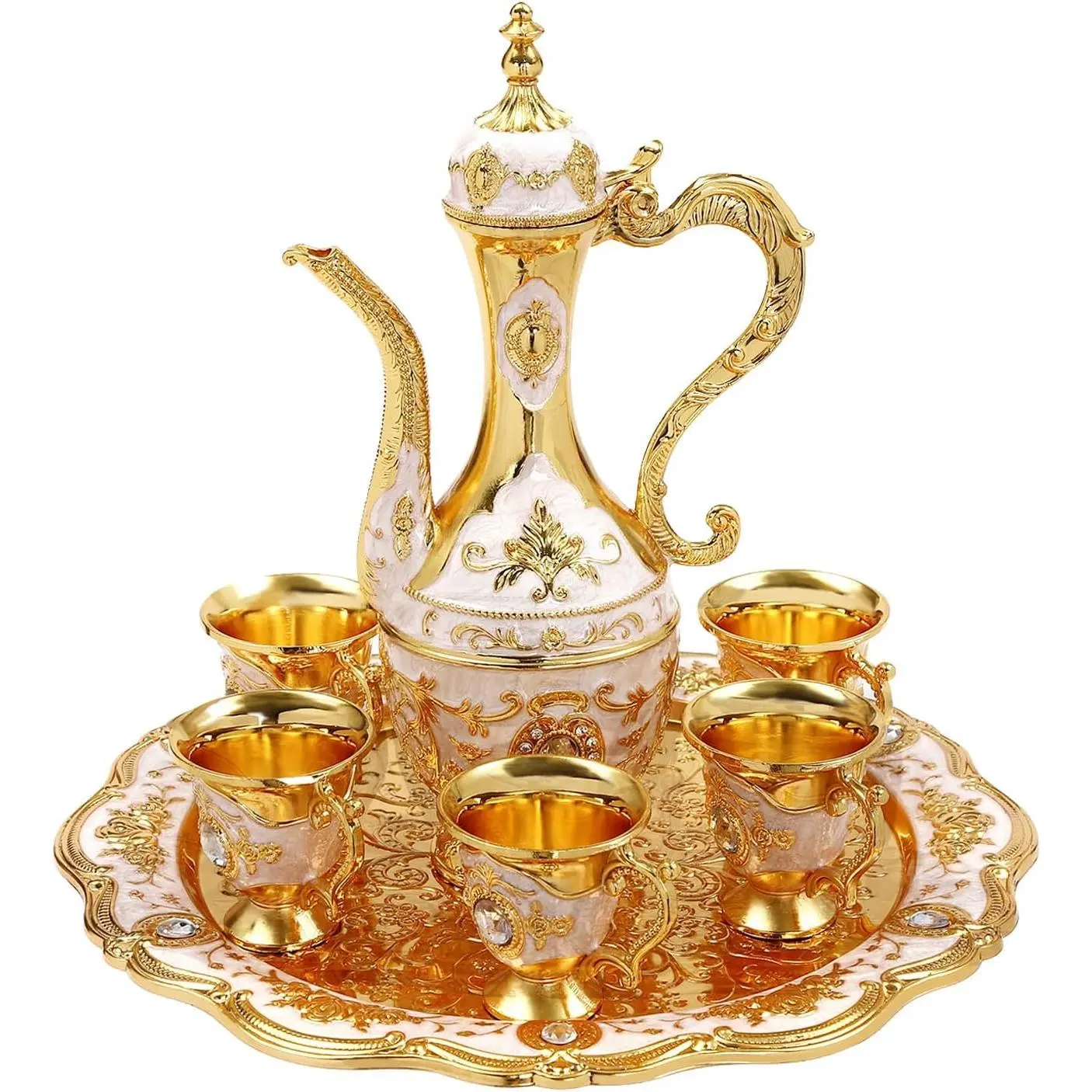 Antique Turkish Tea Pot Sets - Classic Teapot (250ml), 6 Cups (30ml), Carved Art, Compact Tray, Gold & White High-End Home Decor Piece
