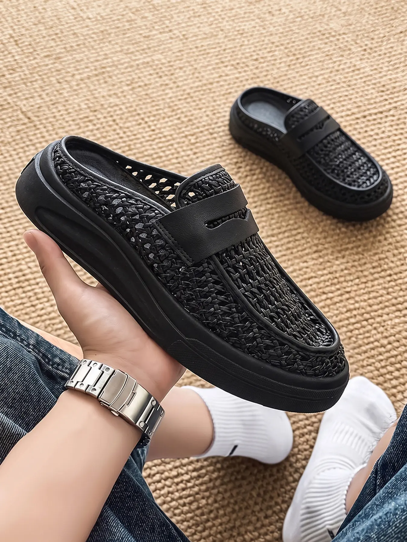 Breathable Baotou half-drag one-step fashion casual loafers hollow woven Birkenstocks slippers