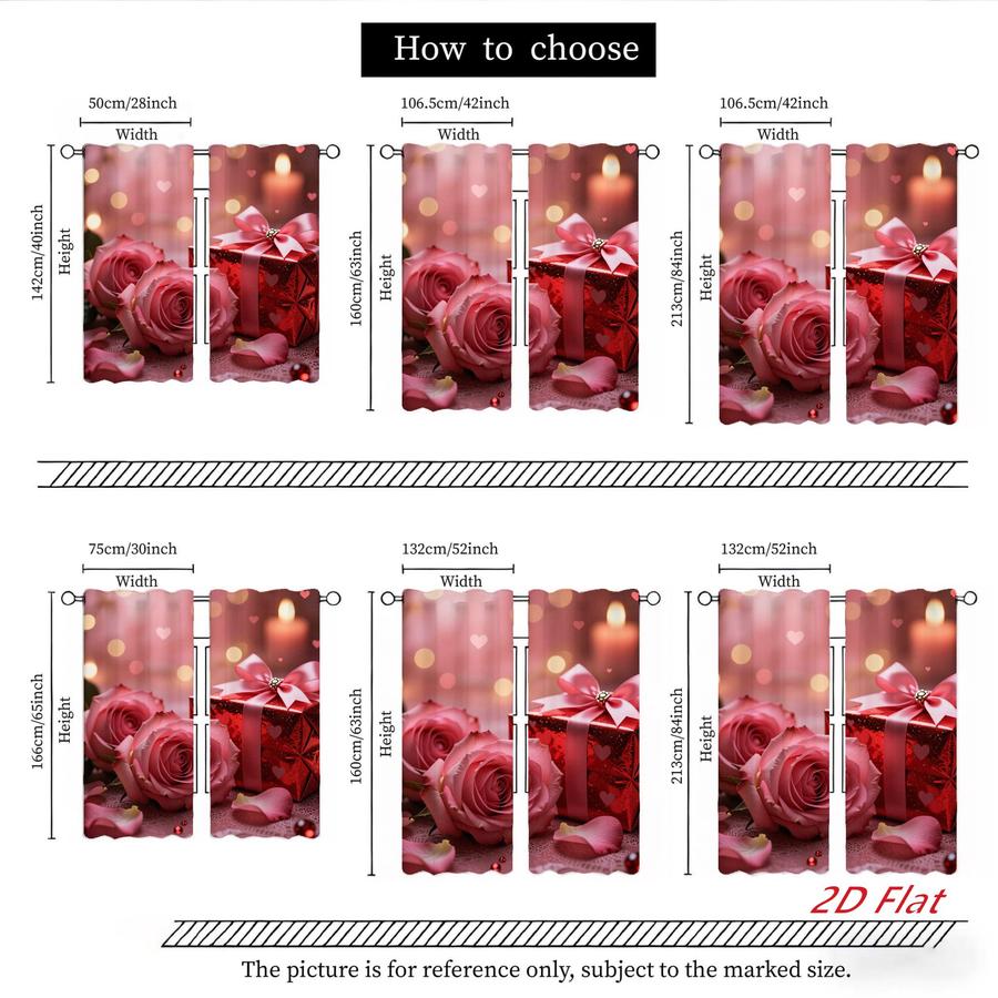2Pcs Romantic Pink Rose Flower Gift Box Sun Blocking Curtains Digital Printed Rod Pocket, Window Treatment For Bedroom Office Kitchen Living Room Study Home Decor