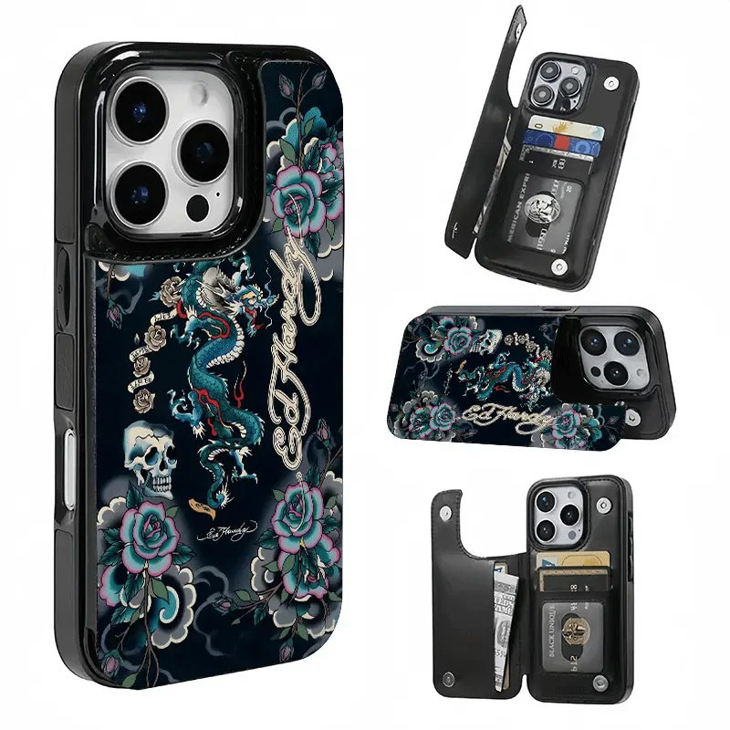 American Vintage Blue Dragon and Rose Pattern Card Holder Phone Case, This phone case features a card slot function, can store bank cards, transit cards and other cards, suitable for iPhone 17/16/15/14/13/12, and makes a great gift for girls.