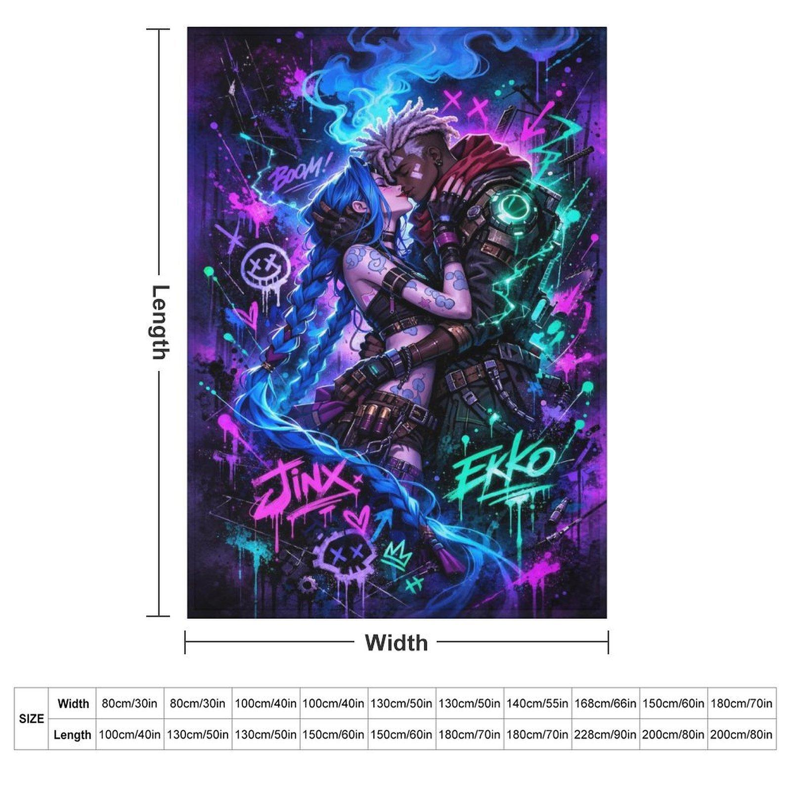 Jinx & Ekko "Neon Graffiti" Couple's Blanket | *Arcane* Anime Epic Flannel Throw Blanket Jinx & Ekko "Neon Graffiti" Couple's Blanket | *Arcane* Anime Epic Flannel Throw Blanket