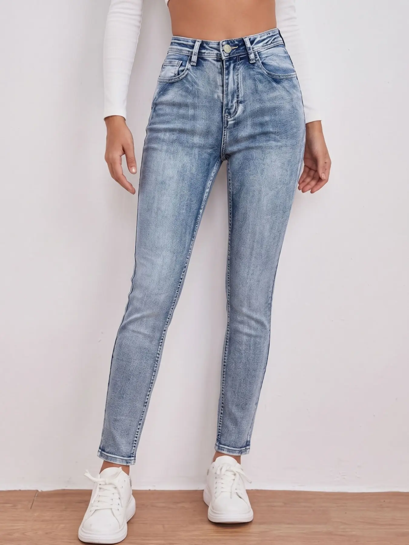 Women's Light Blue Washed High Waist Denim Jeans, Back Embroidery Elastic Slim Fit Nineshot Pencil Pants, All Seasons Casual Wear Embroidered Denim Pants