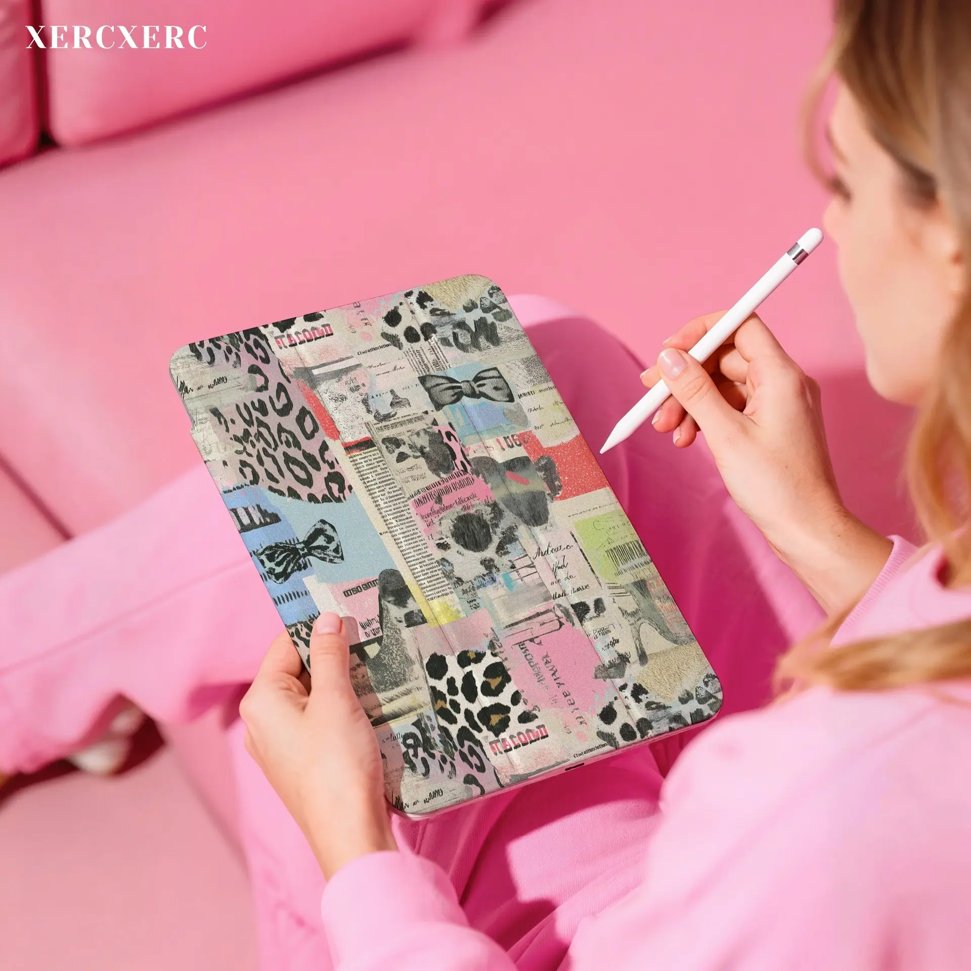 iPad case ipad accessories Pink Leopard Collage Pattern PU Flip iPad Case, TPU Soft Shell 3-Fold Stand Pencil Slot Shockproof Auto Wake/Sleep, Back to School Gift Fall iPad Case for iPad Air 11/9/10/11th Gen, Pro 12.9/11/10.9, Mini 8.3, Galaxy Tab S10+/S9