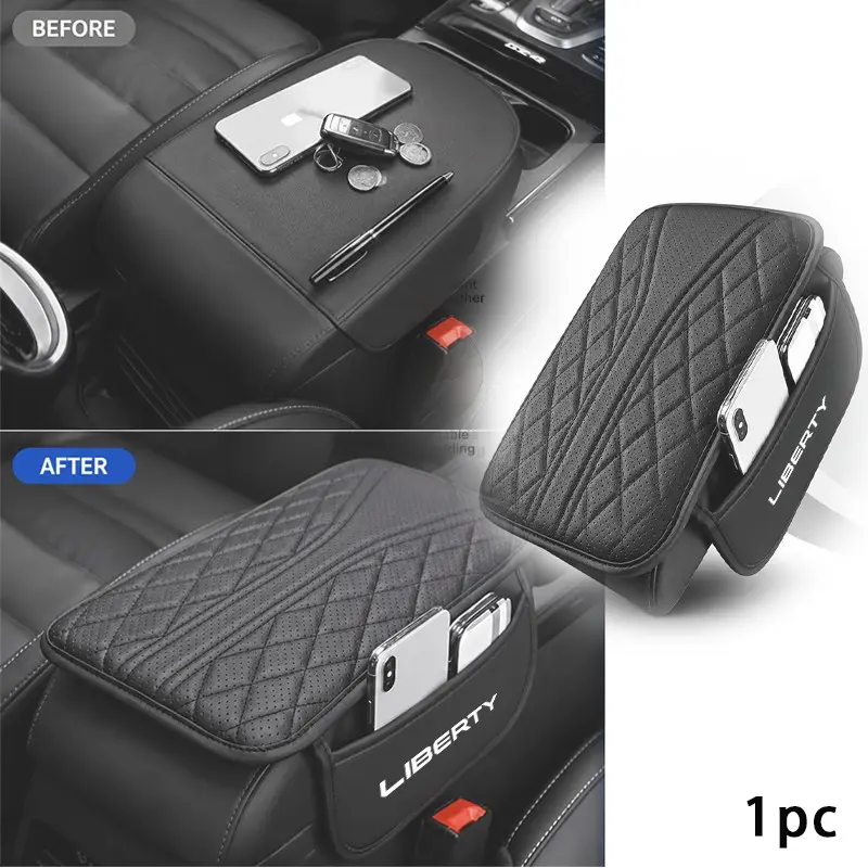 Jeep Liberty Armrest Pad, Perforated Breathable PU Leather, Double-Sided Pocket Design, Interior Storage & Protection, 1pc Car Accessory