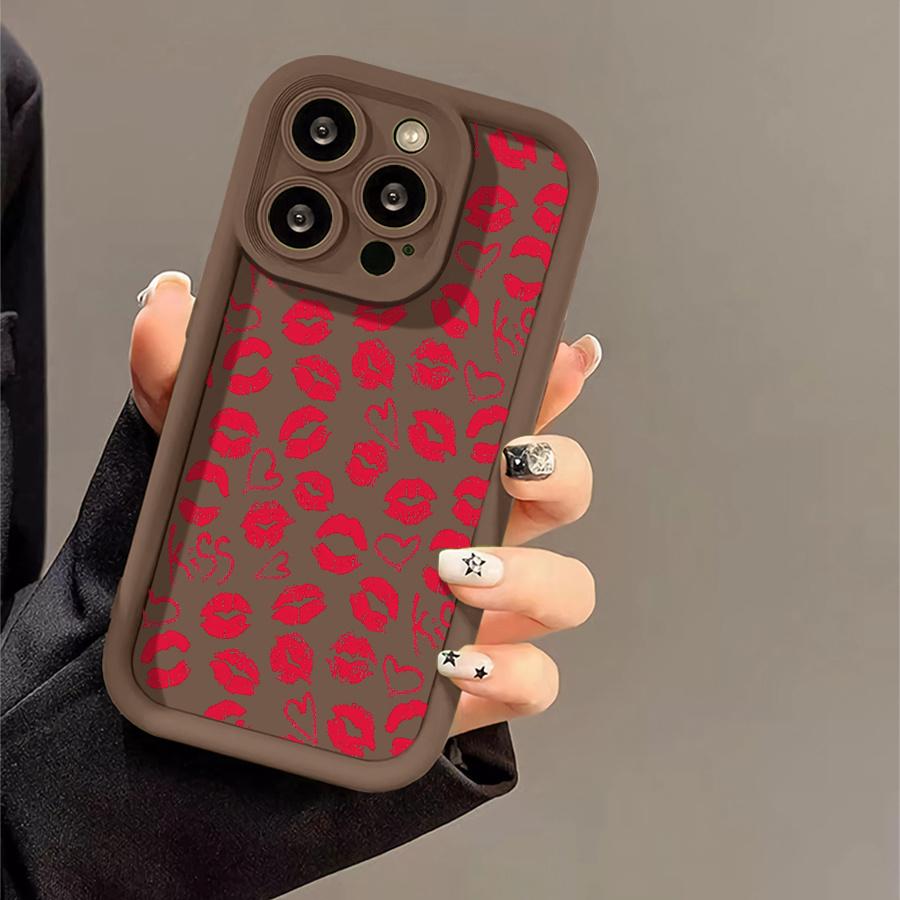 Phone Case: 1pc Red Lip Print Heart Kiss Phone Case Suitable for Apple iPhone 17 E Air Pro ProMax iPhone16 15 14 Plus 13 12 Mini 11 X XS XR Antidrop Shock Proof All Inclusive Lens Protection Girlish Style Cute Can