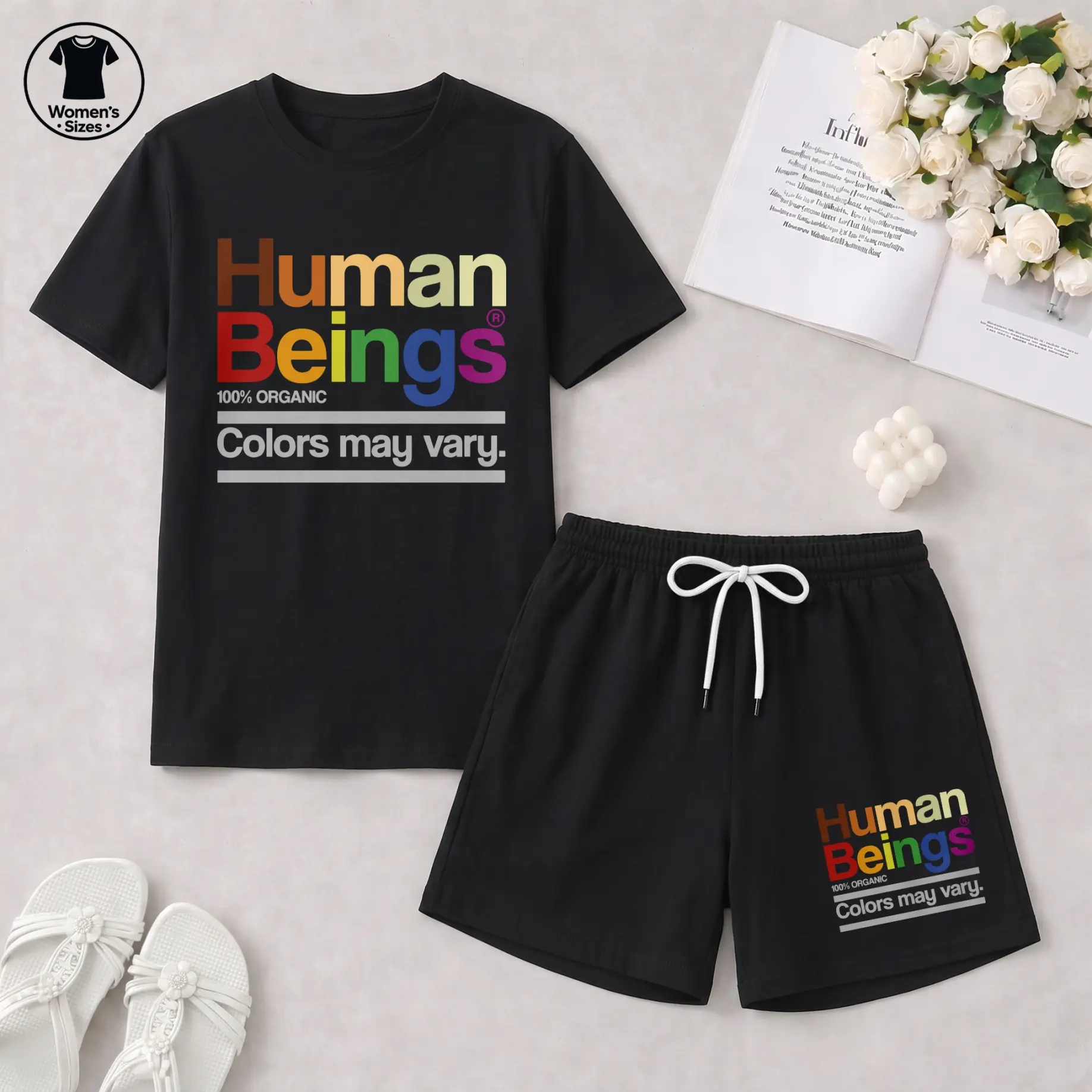 Women's Rainbow Letter Graphic Tee and Shorts Set, Comfy Casual Matching Outfit for Everyday Wear, Vacation, Streetwear and Social Gatherings
