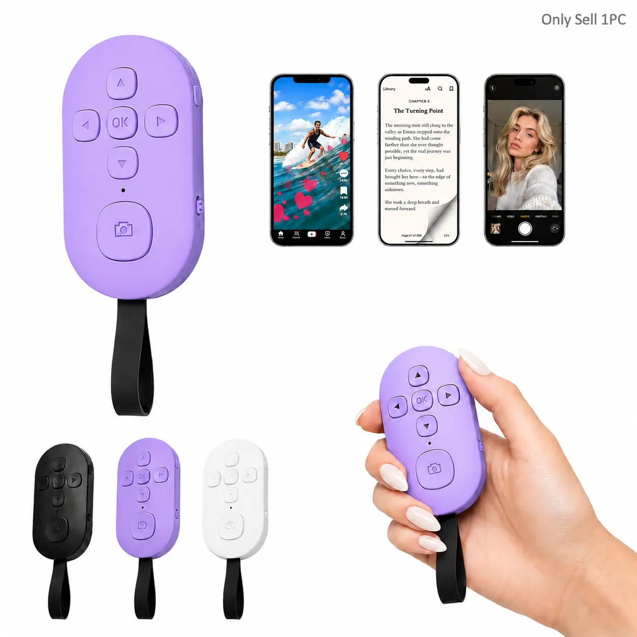 Bluetooth Remote for TikTok Scrolling, 2026 Upgraded Hands‑Free Phone Controller with Page Turning, Volume Control, Play Pause, Like & Camera Shutter for iPhone Android