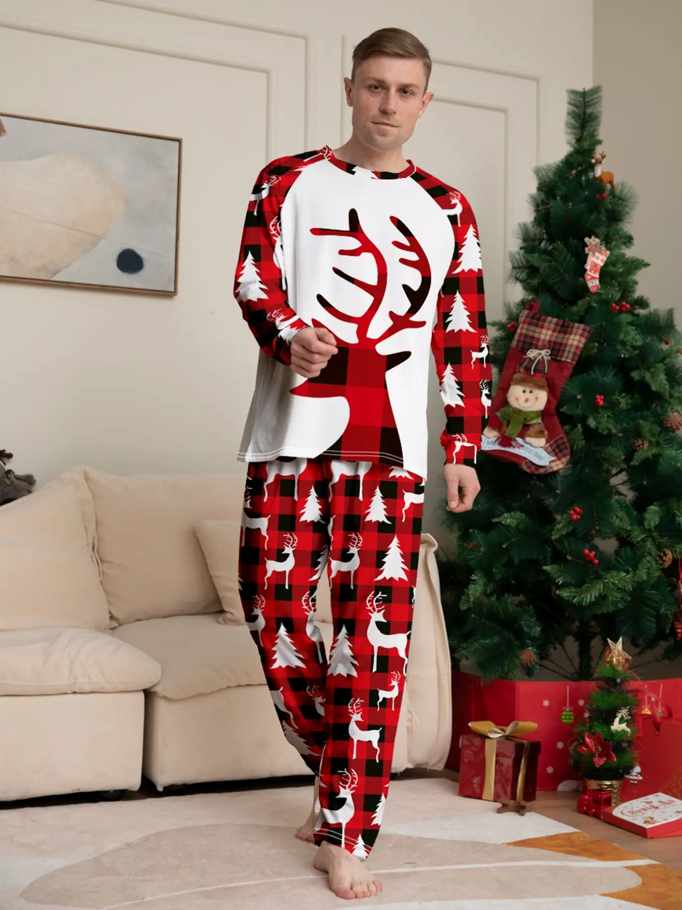 Christmas Pajama Set, Plaid with Sleeves, Reindeer Print, Soft Breathable Fabric, Holiday Party Wear, Home Sleepwear