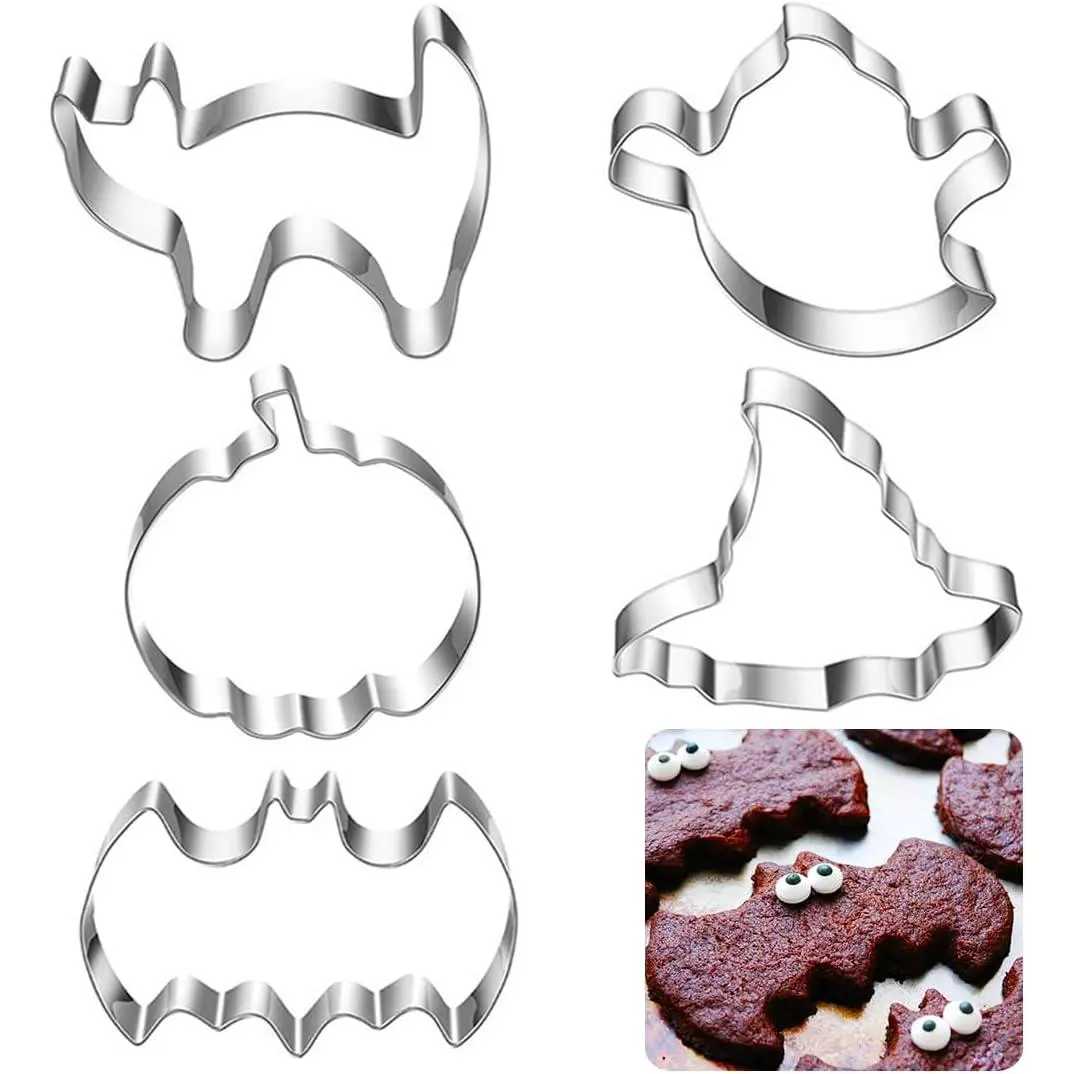 Halloween Cookie Cutters 5 count Easy to Clean & Demold |  Bat Pumpkin Magic Hat Cookie  Sturdy Pancake Dough Molds, Fondant Cutters for Baking Biscuit