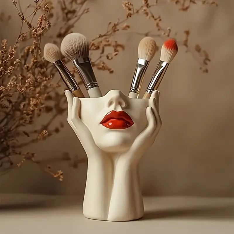 1pc Elegant Resin Material Makeup Brush Holder with Red Lip Design - Lightweight Synthetic Resin Cosmetic Organizer, Standalone Desktop Storage Box for Bathroom Or Vanity, Makeup Dressing Table