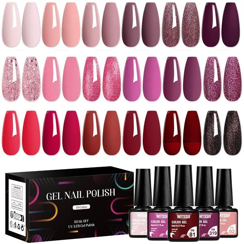 MTSSII 18pcs Red Glitter Gel Nail Polish Set, Long Lasting Glitter Shiny Red Popular Gel Nail Kit Suitable For All Seasons Starter Nail Gel Polish Set UV LED Nail Art Decorations Manicure DIY Salon Gift