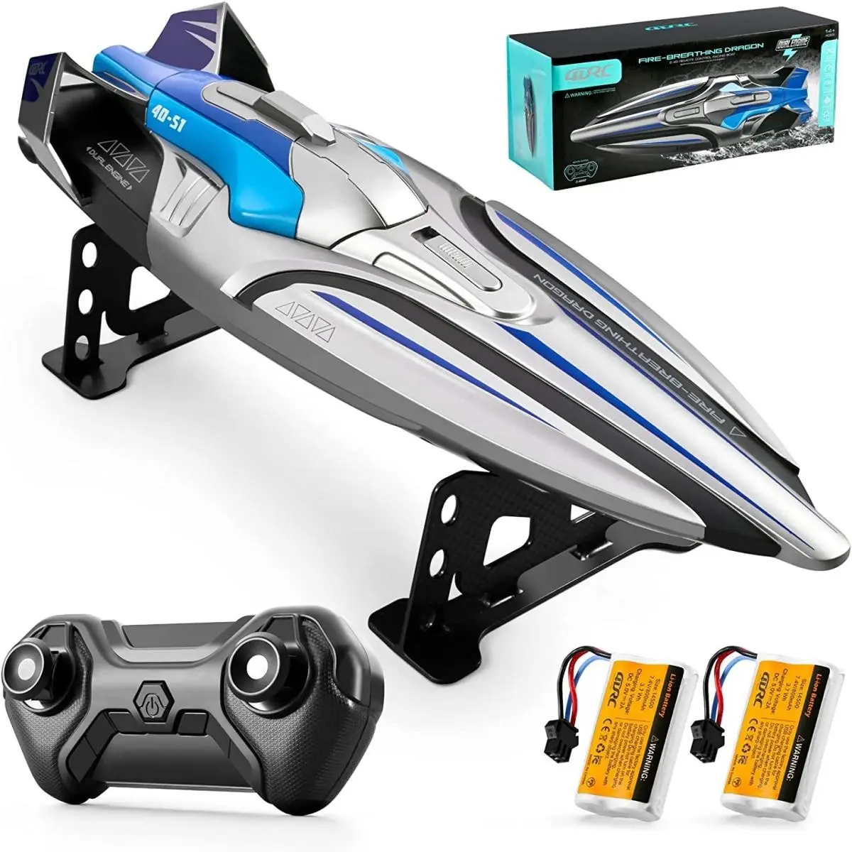 1 piece, silver/green 4DRC S1 RC boat remote control boat, 20+ MPH racing boat, 2.4GHz, dual motor output, low power/long-distance alarm, suitable for playing in pools/lakes, summer remote control toy, gift for children/adults/birthdays/Christmas.