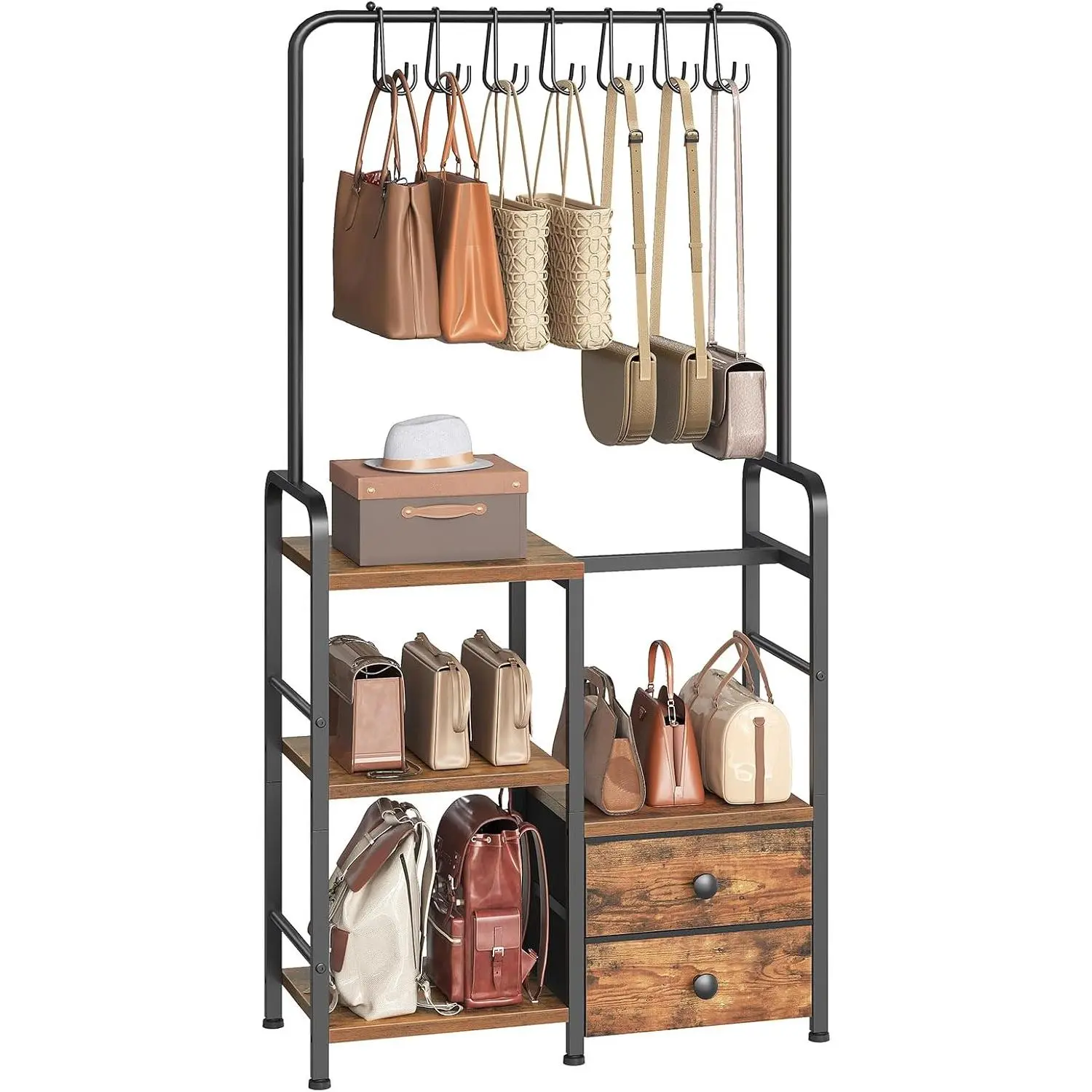 3-Tier Tall Purse Organizer with Hooks & Drawers, Floor-Standing Purse Rack Stand for Handbag Organizer, Purse Storage Organizer for Closet, Entryway, Bedroom, Rustic Brown and Black BF98CJ01