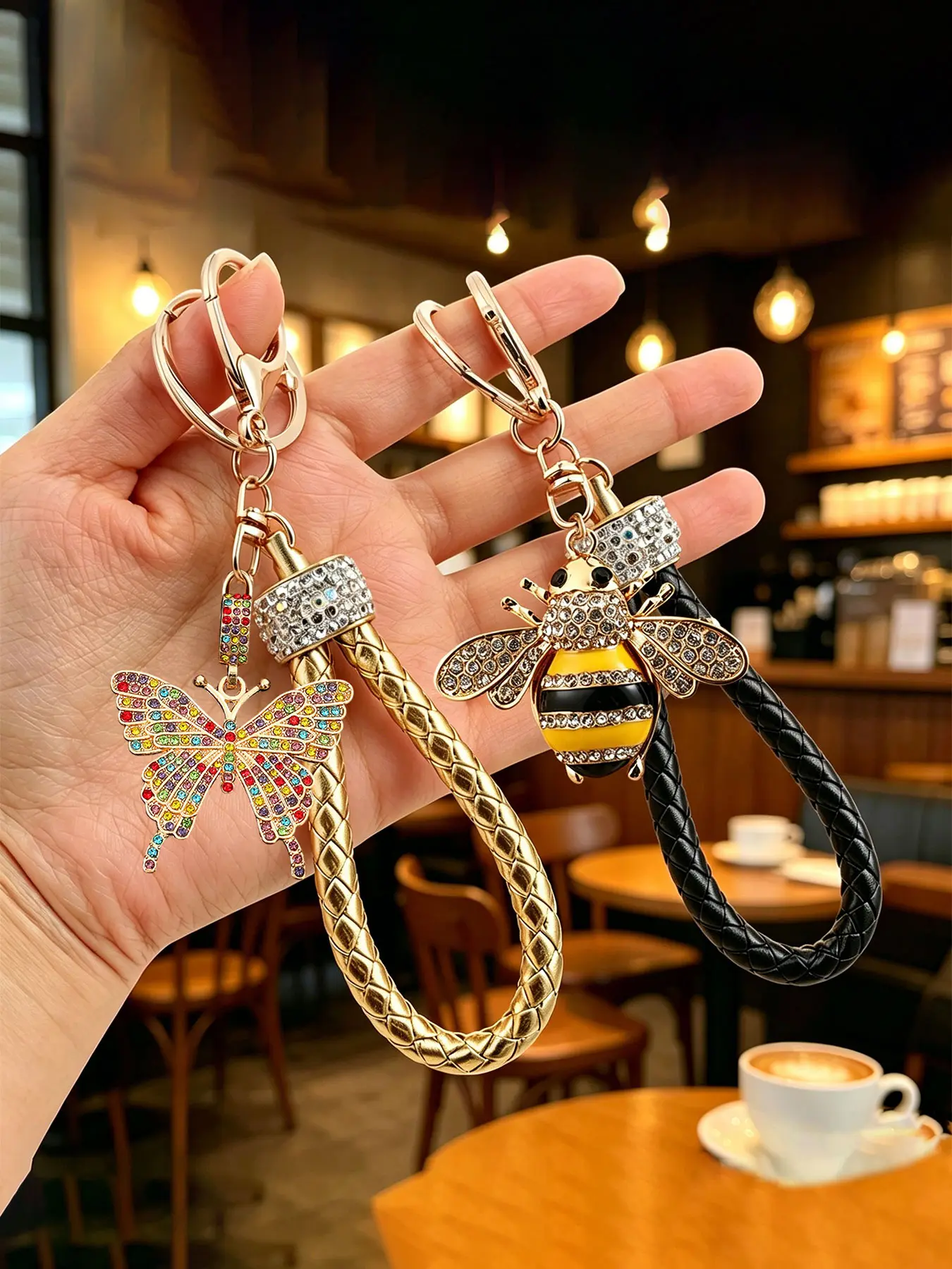 Sparkling Rhinestone Butterfly/Bee Keychain, Keychain for Purse, with Black/Golden Braided Rope Strap Enamel Keyring Bee Themed Pendant Purse Charm Car Key Chain Woven Cord Bag Charm Accessory Backpack Key Fob Teacher Day Gift