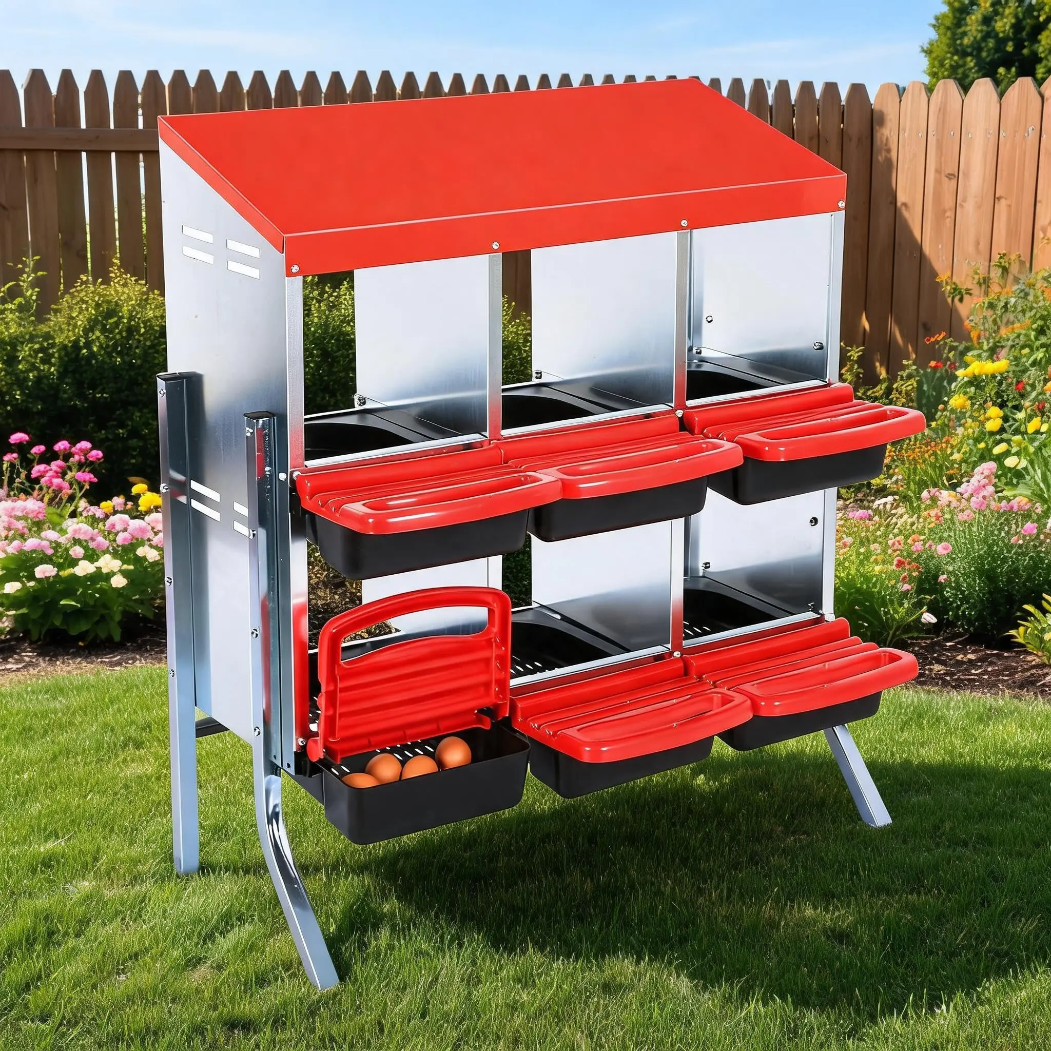 GARVEE Metal Nesting Box for Hens with Legs – 6 Compartments for Egg Laying – Design with Roll-up Cover and Easy Collection – Durable and Easy to Clean – Red Color with Support Legs