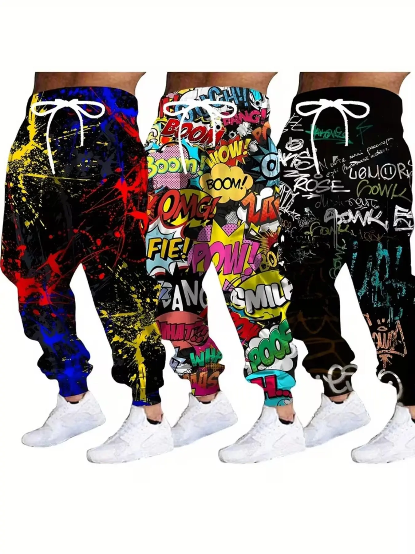 3-Pack Men's Sport Pants, Bold Comic Print, Graffiti Style Joggers, Elastic Knit Fabric, Casual Fit, Perfect for Daily Wear, Youth Gift