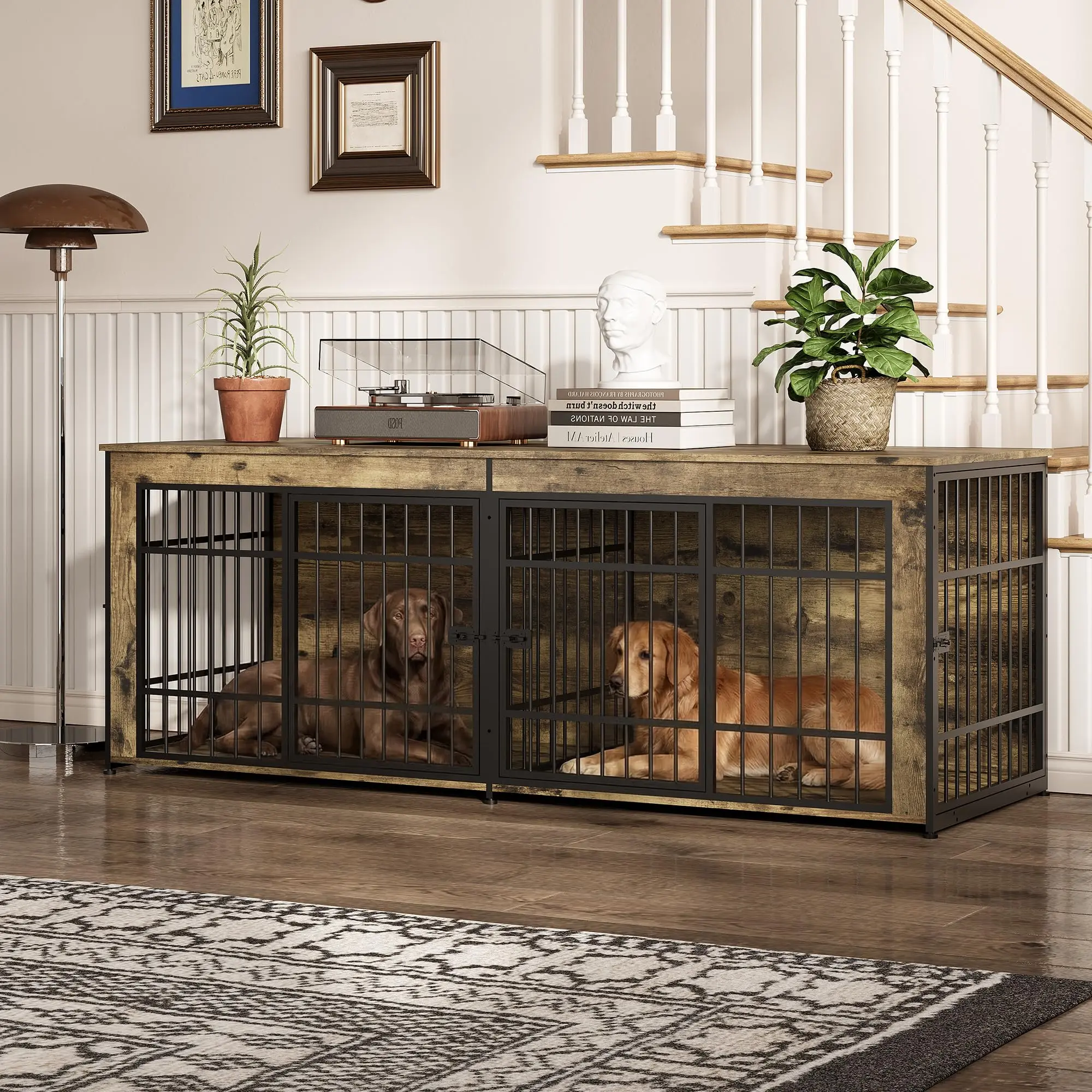 Multifunctional Wooden Pet Kennel and End Table Combo, Heavy Duty Dog House Furniture for Living Room, Adjustable Leveling Feet