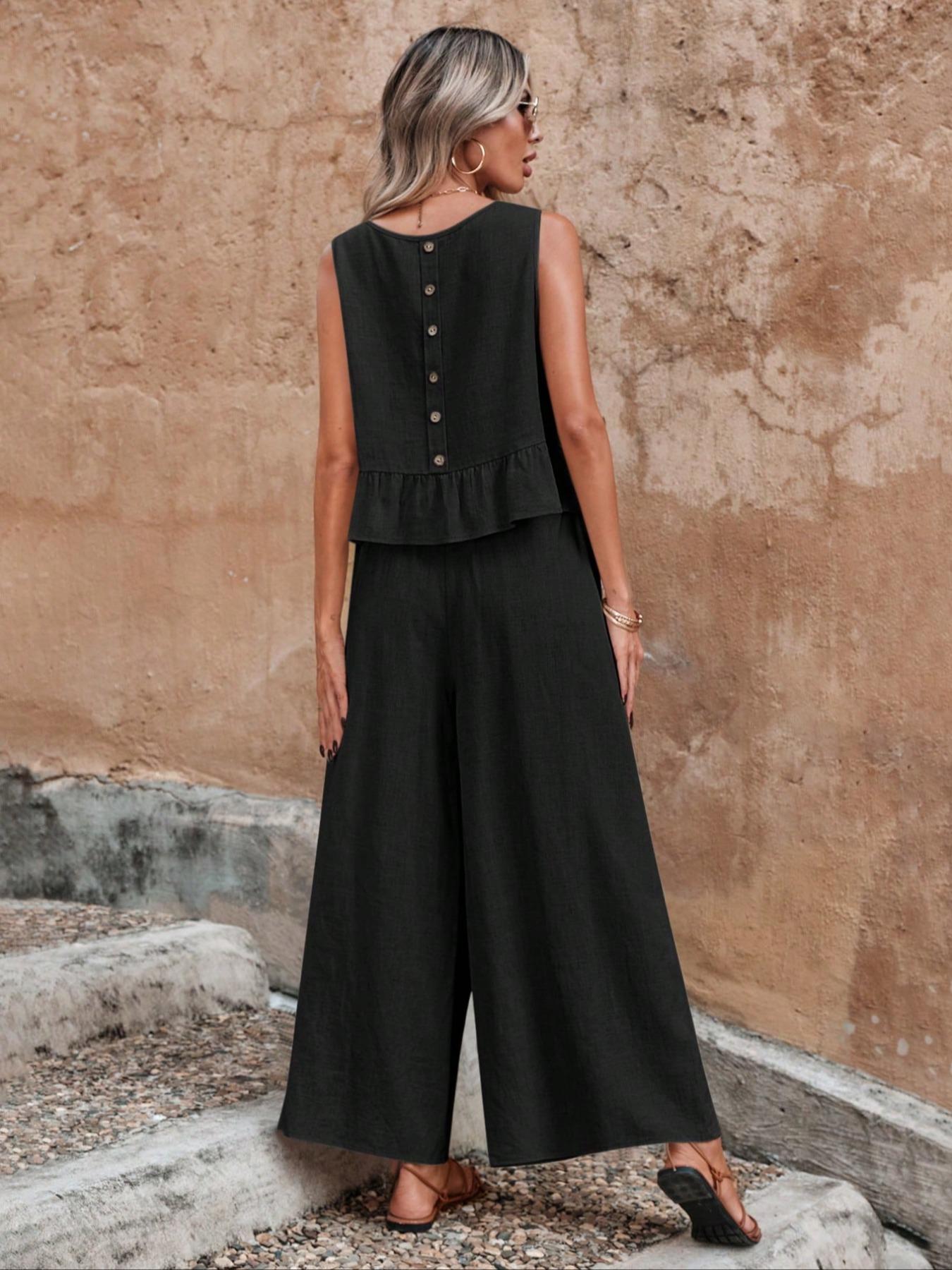 Women's Solid Ruffle Hem Tank Top & Elastic Waist Wide Leg Pants Set, Casual Button-Detail Round Neck Top & Pocket Trousers, Ladies Summer Clothes, Clothing Sets