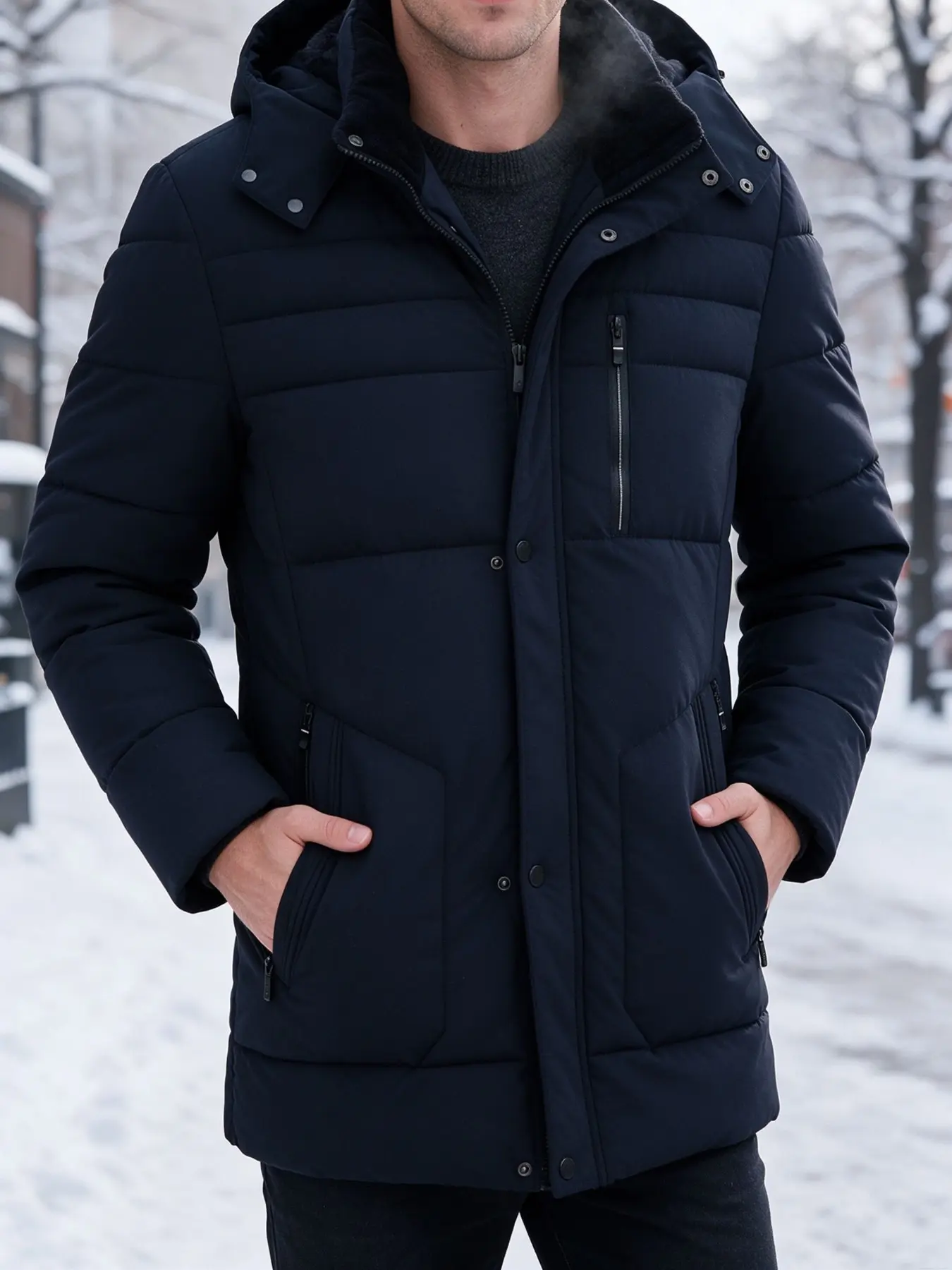 Men's Mid-Length Fleece Lined Winter Parka, Detachable Hat Thick Warm Puffer Coat, Zipper Button Front Windproof Jacket, Casual Business Wear, Casual Outdoor Outerwears