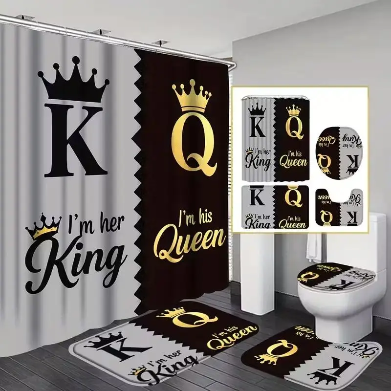 1/4Pcs King and Queen Pattern Shower Curtain Set, Bathroom Decoration Accessories, including shower curtain, toilet seat cover, rectangular mat, and U-shaped mat, perfect for bathroom décor, Comes with 12 shower curtain hooks