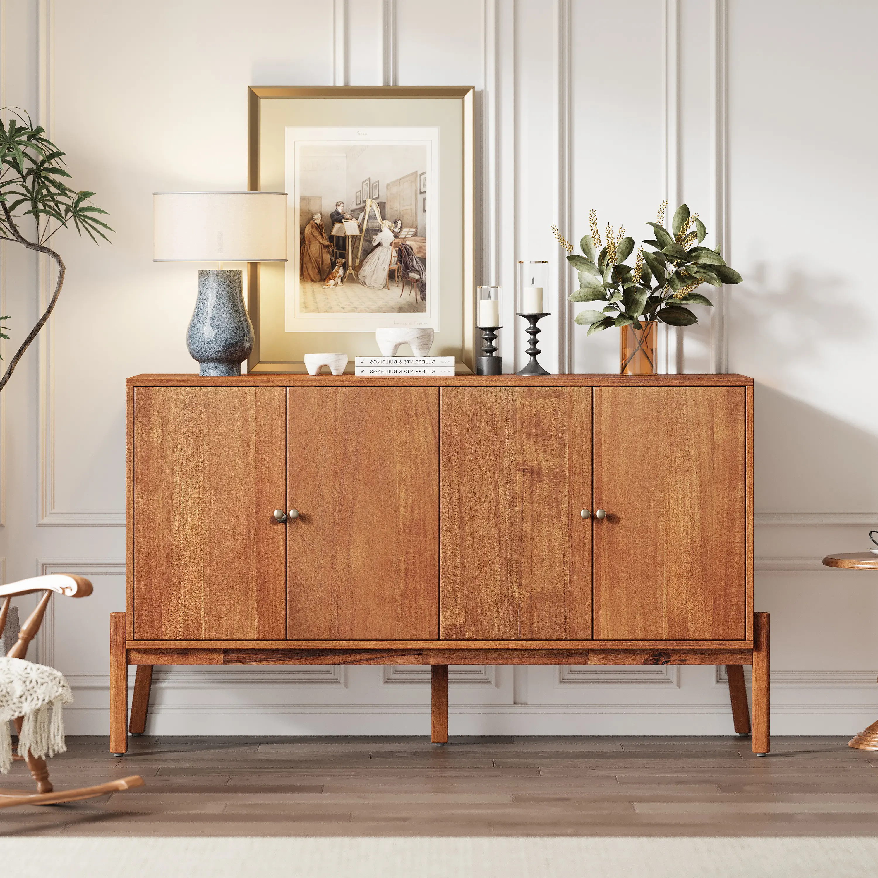 ARCH Traditional Wood Vintage Sideboard Buffet Cabinet - 56.8" W x 18" D x 34.2" H 4-Door Cabinet with Metal Handles, MDF Acacia Veneer Brown Finish, Ample Enclosed Storage for Dining Room, Living Room Furniture
