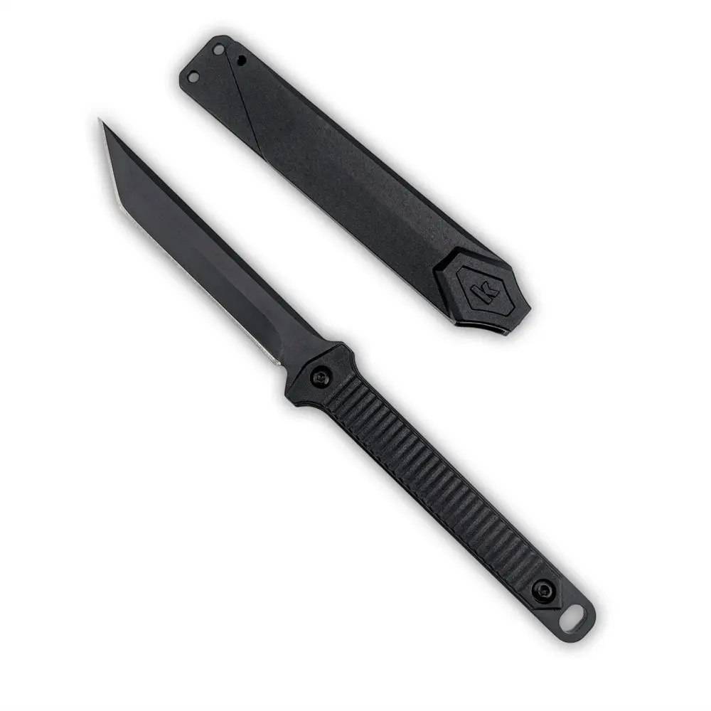 All-black tactical T-shaped straight knife, with black-coated 8CR13MOV blade, anti-slip nylon fiberglass handle, paired with a hard K sheath, Survival tools, suitable for outdoor exploration, camping, clearing paths