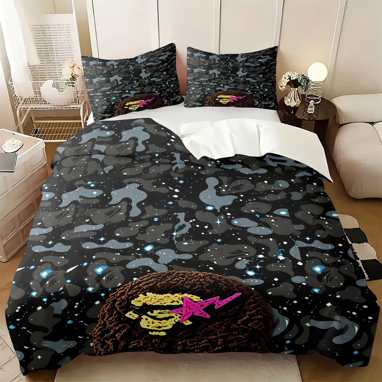 Black Blue Starry Camo Star Lightning Print Duvet Cover Set, Includes 1 or 2 Pillowcases, Hip Hop Street Style Camouflage Bedding Set All Size, Soft Skin-Friendly Duvet All Seasons, Hip Hop Aesthetic Bedroom Decor, Gift for Fans