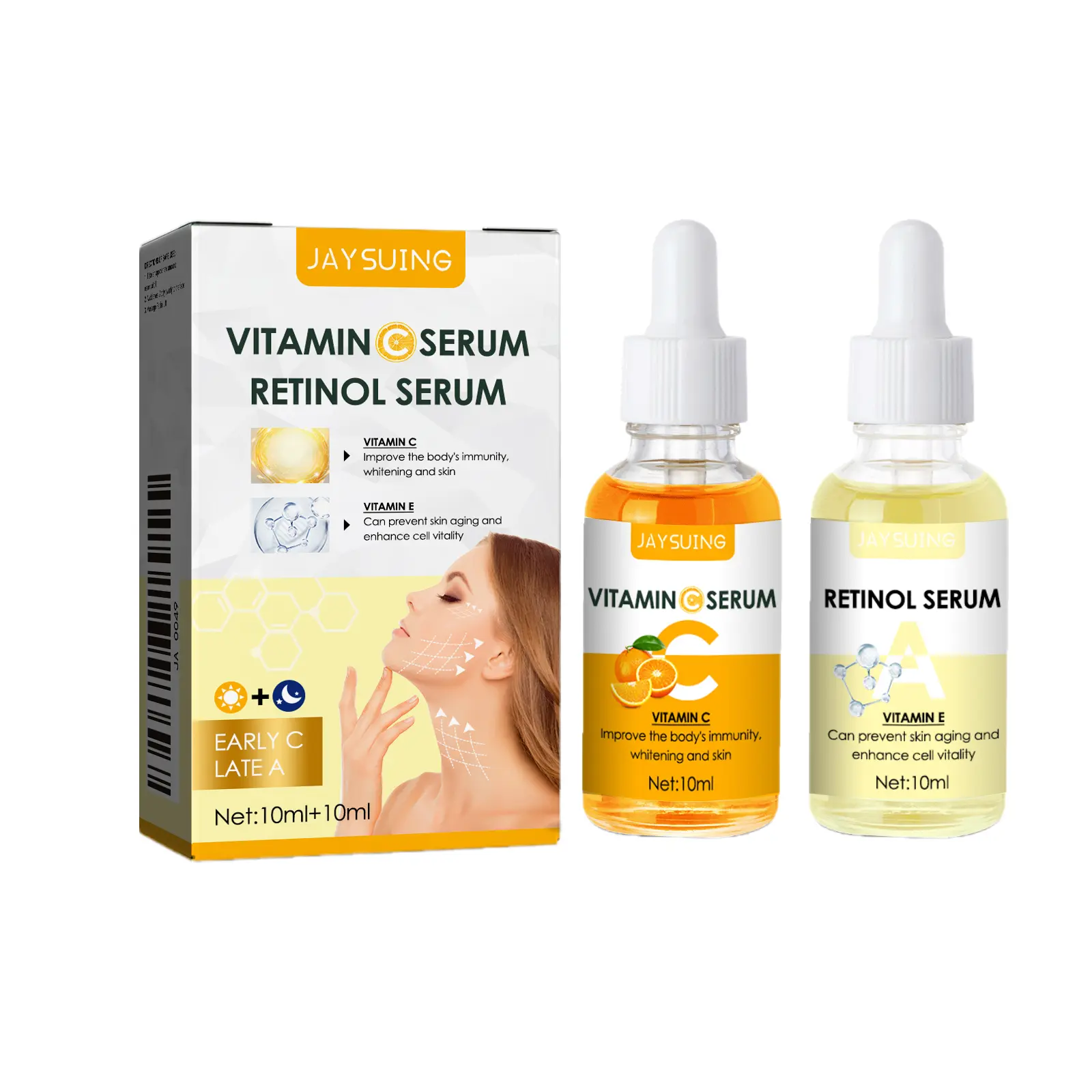 Jaysuing Morning C & Evening A Facial Serum Set, Gentle Hydrating, Delicate Brightening Skincare Essence with Extracts (Brightening Products for Even Application)