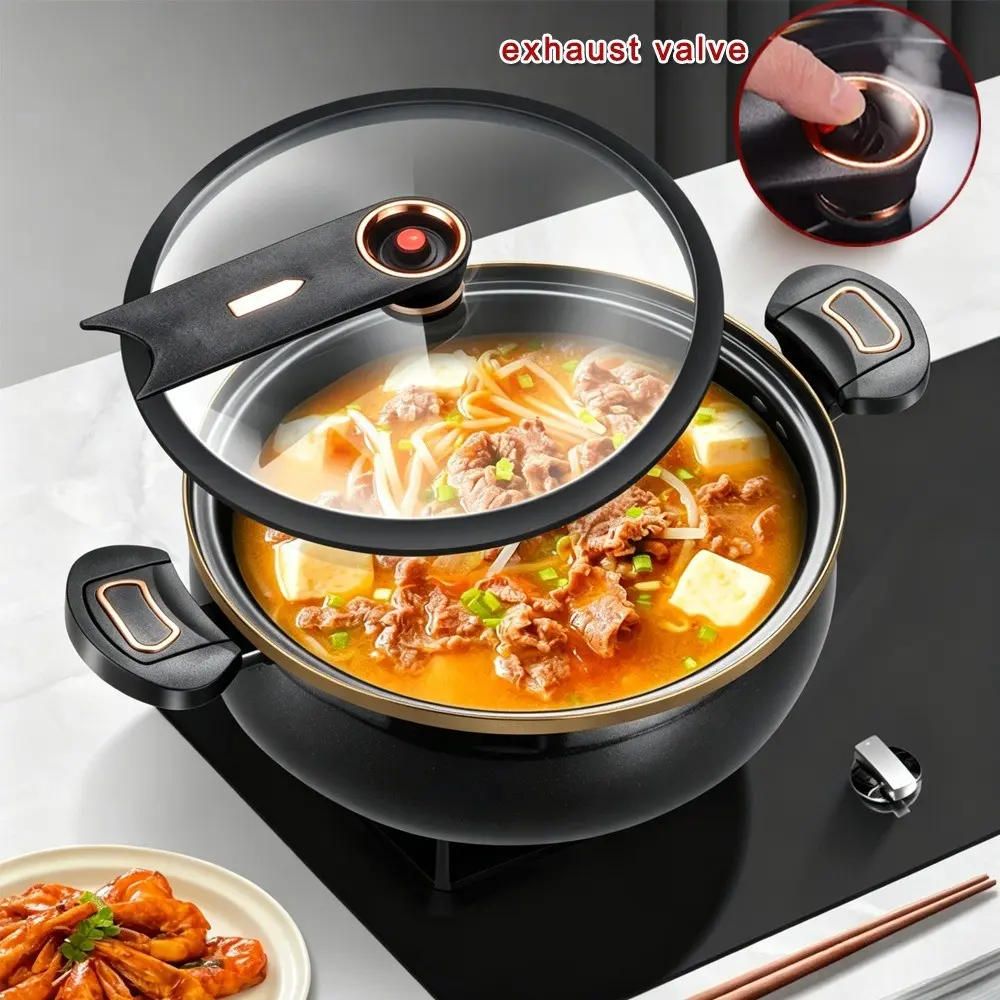 8L/8.45Qt Iron-Coated Micro-Pressure Deep Cooking Stockpot, Large Cookware with Lock Handles, Non-Stick Surface, Standable Lid, Automatic Touch for Family Meals, Home Kitchen Use