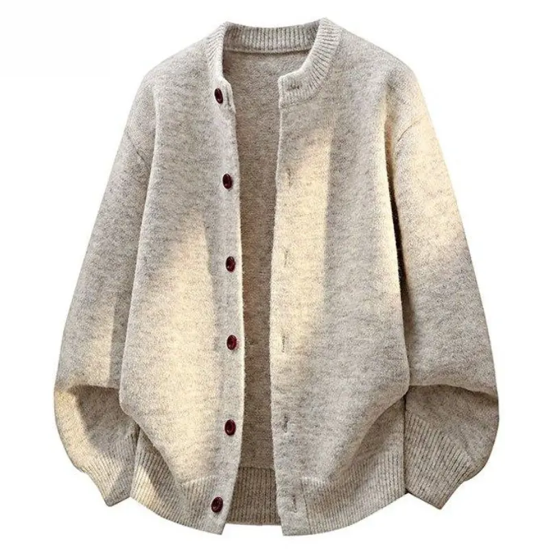 Men Crew Neck Knit Cardigan, Button Front Loose Relaxed Fit Sweater Coat, Soft Plush Warm Fabric Ribbed Cuff & Hem, Fashion Versatile Daily Layered Casual Long Sleeve Knit Outerwear # sohochic