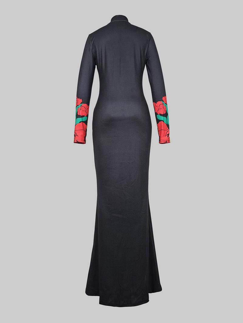 Women's Floral Print Dress, Bodycon Dresses, Elegant Fashion Casual Long Sleeve Dress for Party Club Dating Wear, Ladies Dress for All Seasons