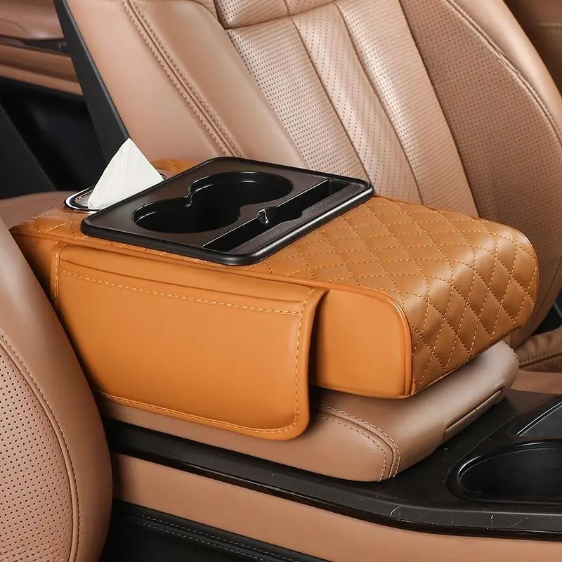 Universal Multi-Functional Car Center Console Armrest Cushion, Heightening Elbow Support Pad with Tissue Holder & Cup Holder, Car Interior Storage Organizer Accessory