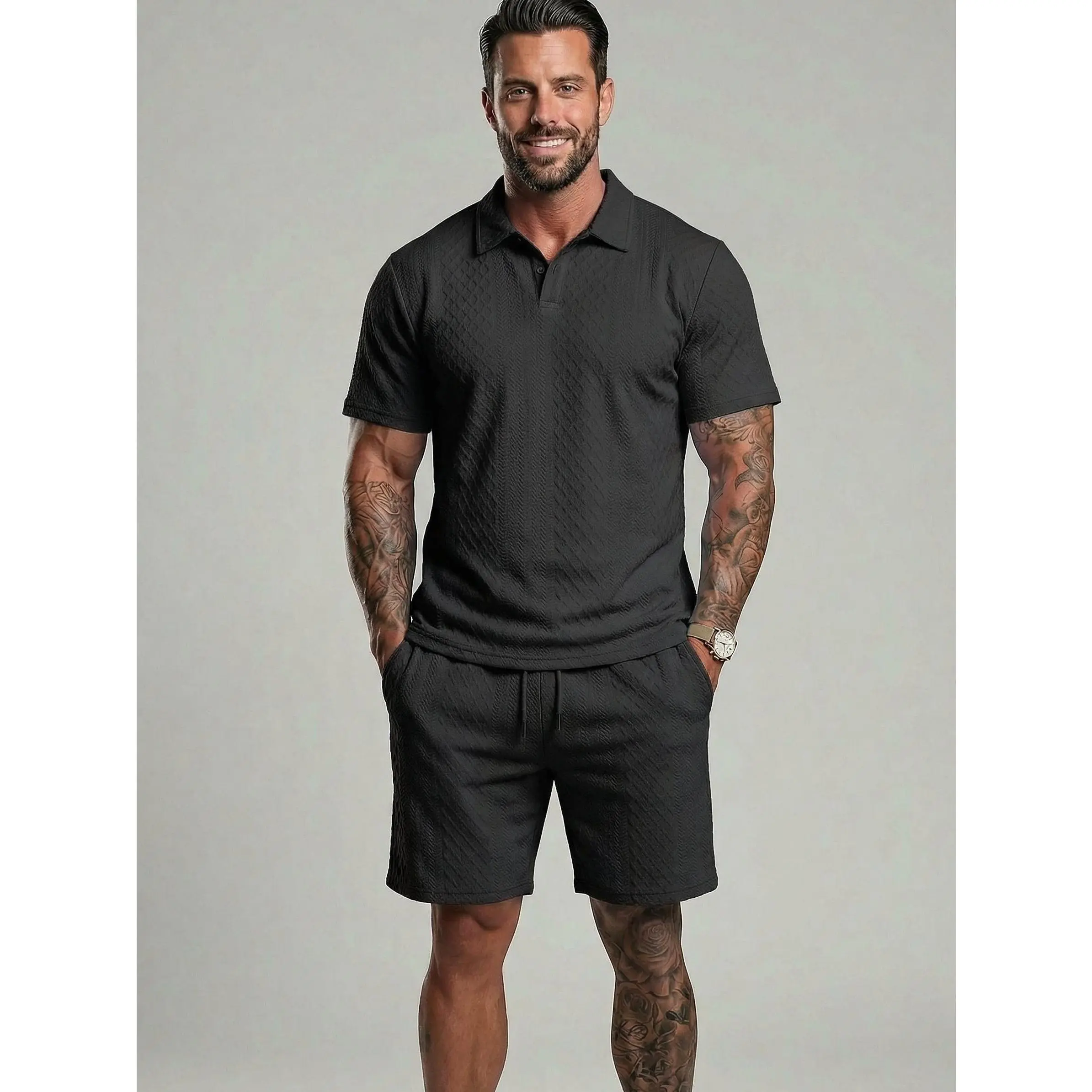 Men's Classic 2 Pcs Set, Fitted Solid Polo Shirt and Drawstring Shorts Outfit, Cozy Breathable Casual Menswear for Daily Wear, Plain, Cold Wash, Neat And Tidy, Solid Colors, Shortsleeve, Fabric, Clothes, Stylish, Outdoor, Set Outfit
