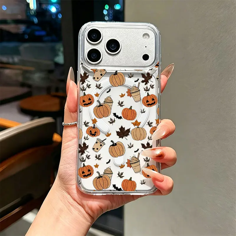 Pumpkin Coffee Autumn Pattern Phone Case，Vintage Fall Halloween Sketch Style for iPhone 17 16 15 14 13 12 11 Plus Pro Max，Warm Harvest Decor Gift