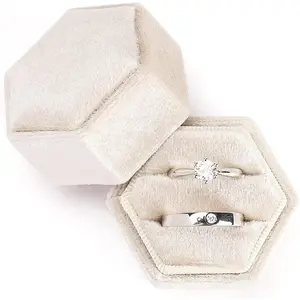 Velvet Jewelry Ring Box, Hexagon Premium Gorgeous Vintage Double Ring Gift Box with Detachable Lid for Proposal Engagement Wedding Ceremony(Beige)