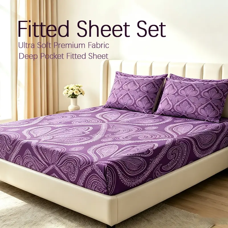 Premium Soft Polyester Printed Paisley Fitted Sheet Set, Soft Bed Sheets, Flexible Deep Pocket Stretch Mattress Cover, Machine Washable Stain Resistant Decor Bed Linen with Matching Printed Pillowcases for All Season Household Use