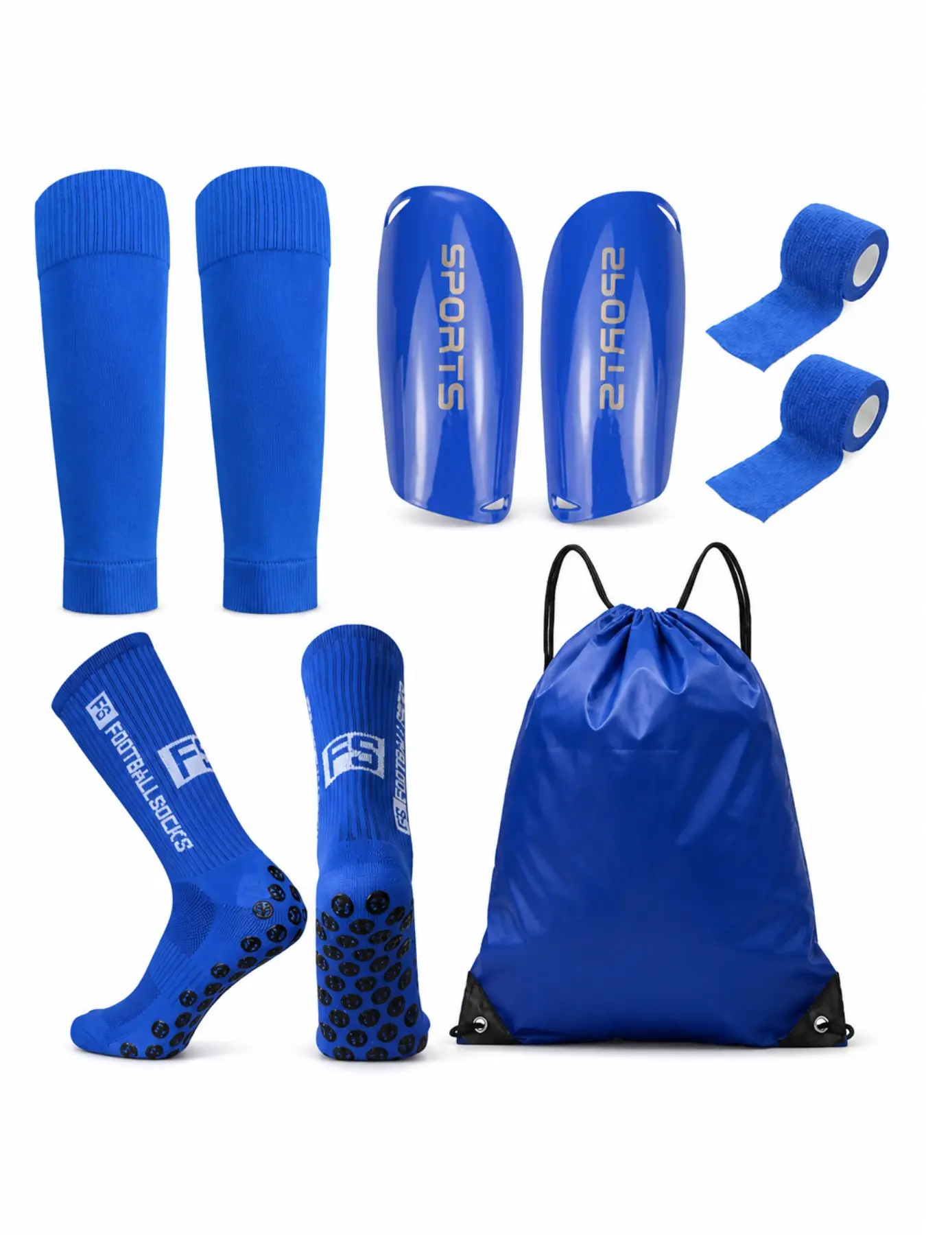 Soccer Gear Set for Kids Youth Adults Blue Football Kit with Long Soccer Socks Shin Guards Grip Socks Cohesive Bandage Drawstring Bag Training Match Soccer Accessories
