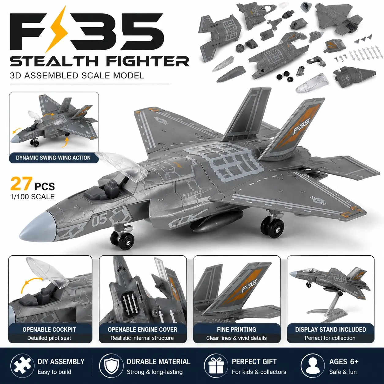 1:72 F-35 Fighter Jet Kit, Plastic Model Aircraft Assembly Toy, Includes Stand, Collectible Gift for Adults and Kids, 36 Pieces