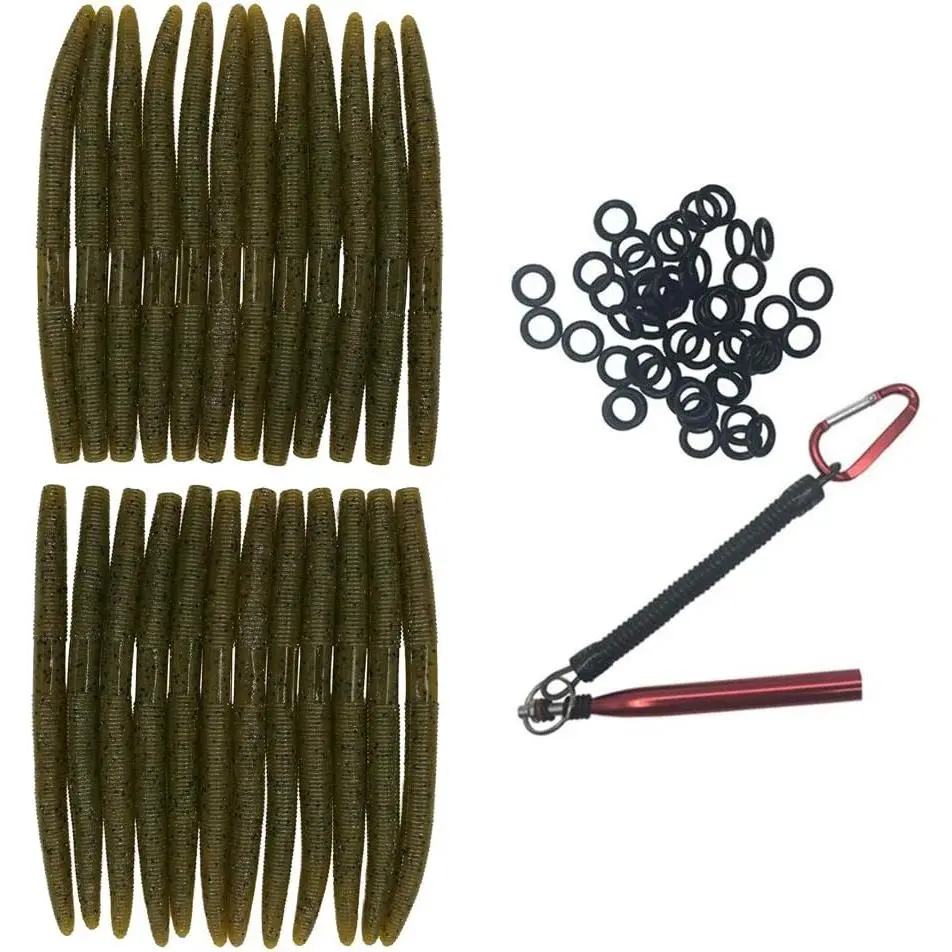 Senko  Soft Plastic Lures 5" Senkos 24 count for Wacky  Freshwater Fishing Green Pumpkin senko with Black Flake