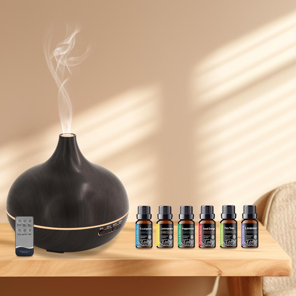 Large 550ml Aromatherapy Diffuser for Bedroom & Office  Wood Grain Ultrasonic Humidifier with Remote, 7 Color LED Mood Light & 6  Essential Oils  Perfect for Relaxation & Sleep