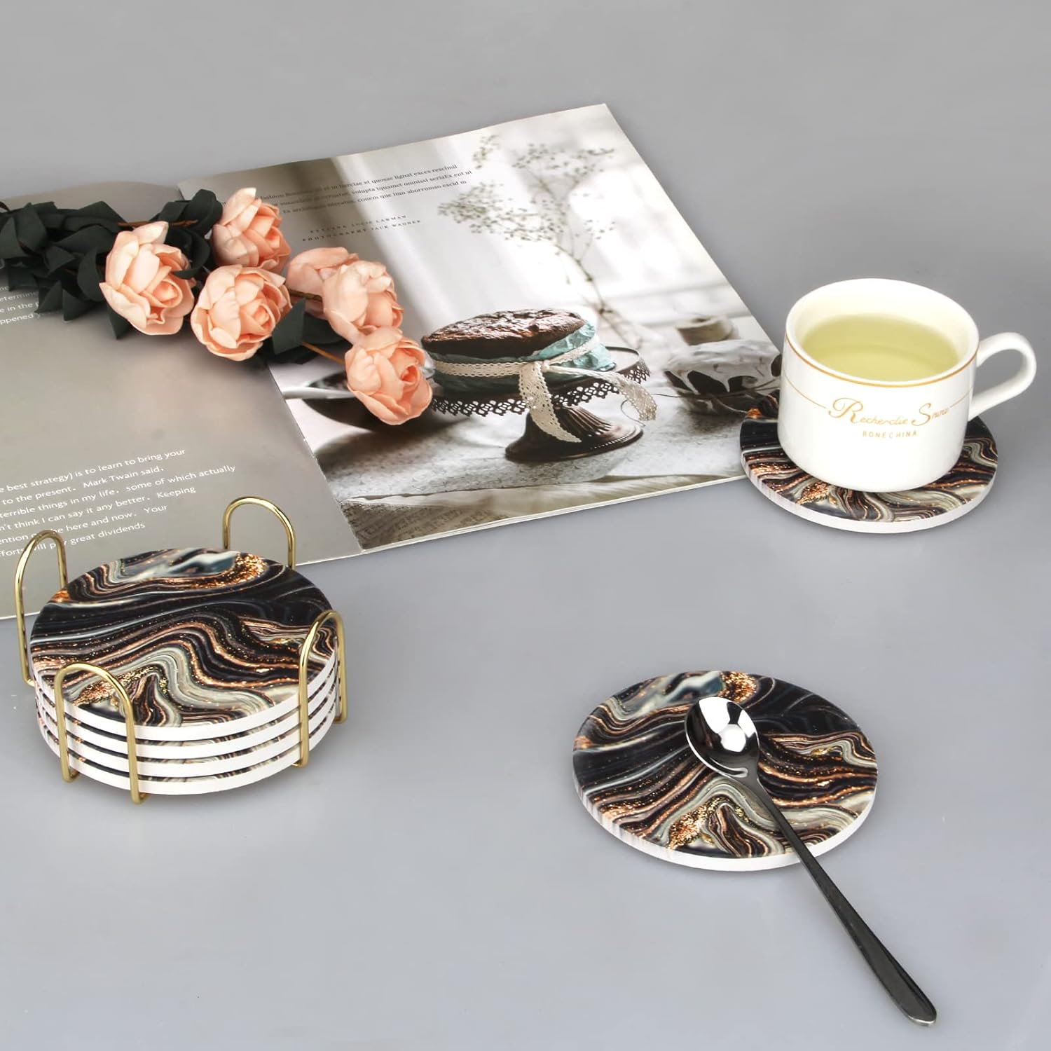 6 count Black and  Marble Coasters with Holder  Round Absorbent Coasters for Drinks, Coffee, , Table Marble Personalized Coaster Sets