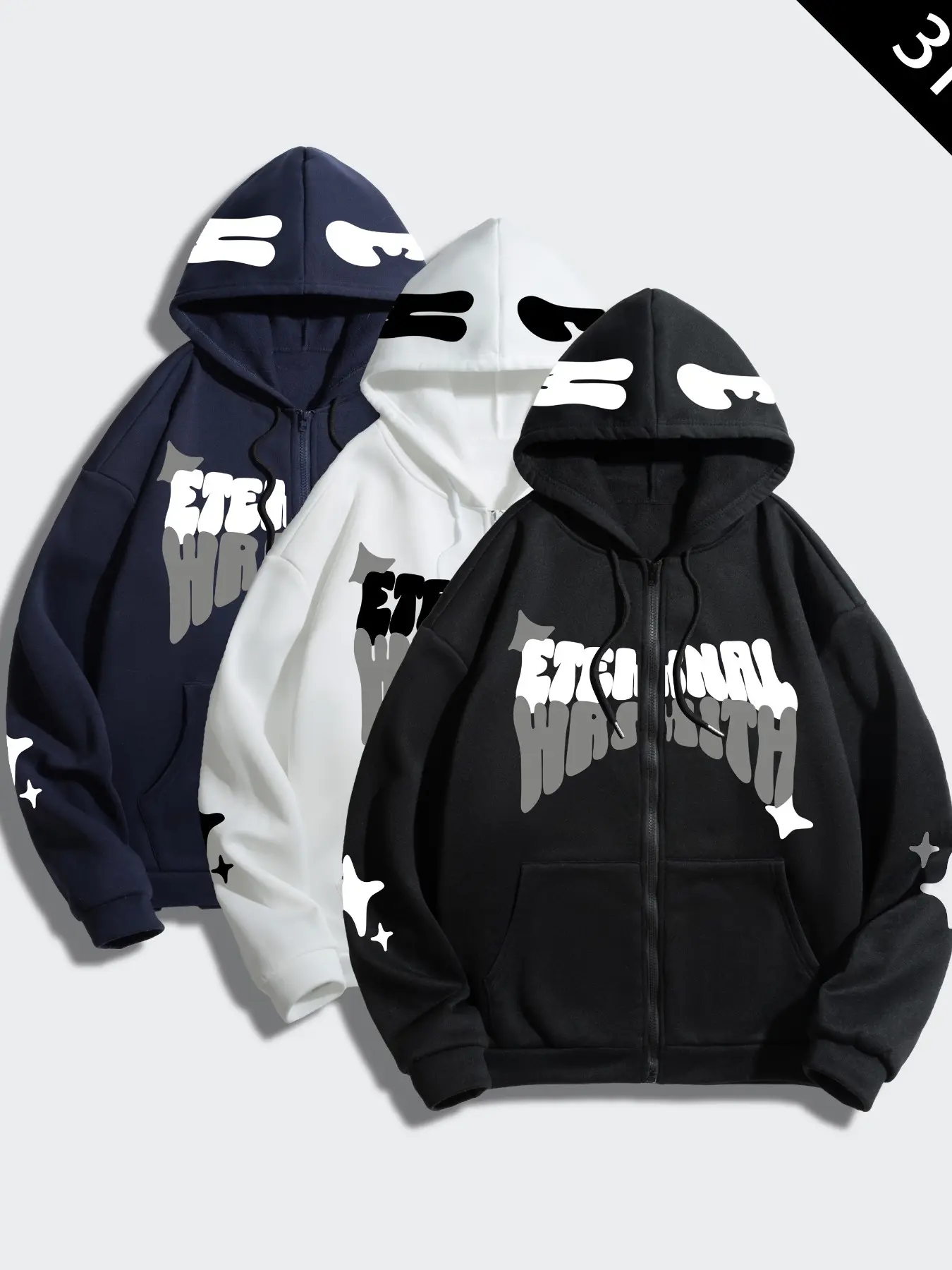 Unisex Oversized Zip Up Hoodie Y2K Grunge Dripping Gradient Letter Graphic Hooded Jacket, Star Sleeve Print Drawstring Hood Sweatshirt, Loose Fit Streetwear Outer Layer for Daily Campus Skater Autumn Casual Outfit