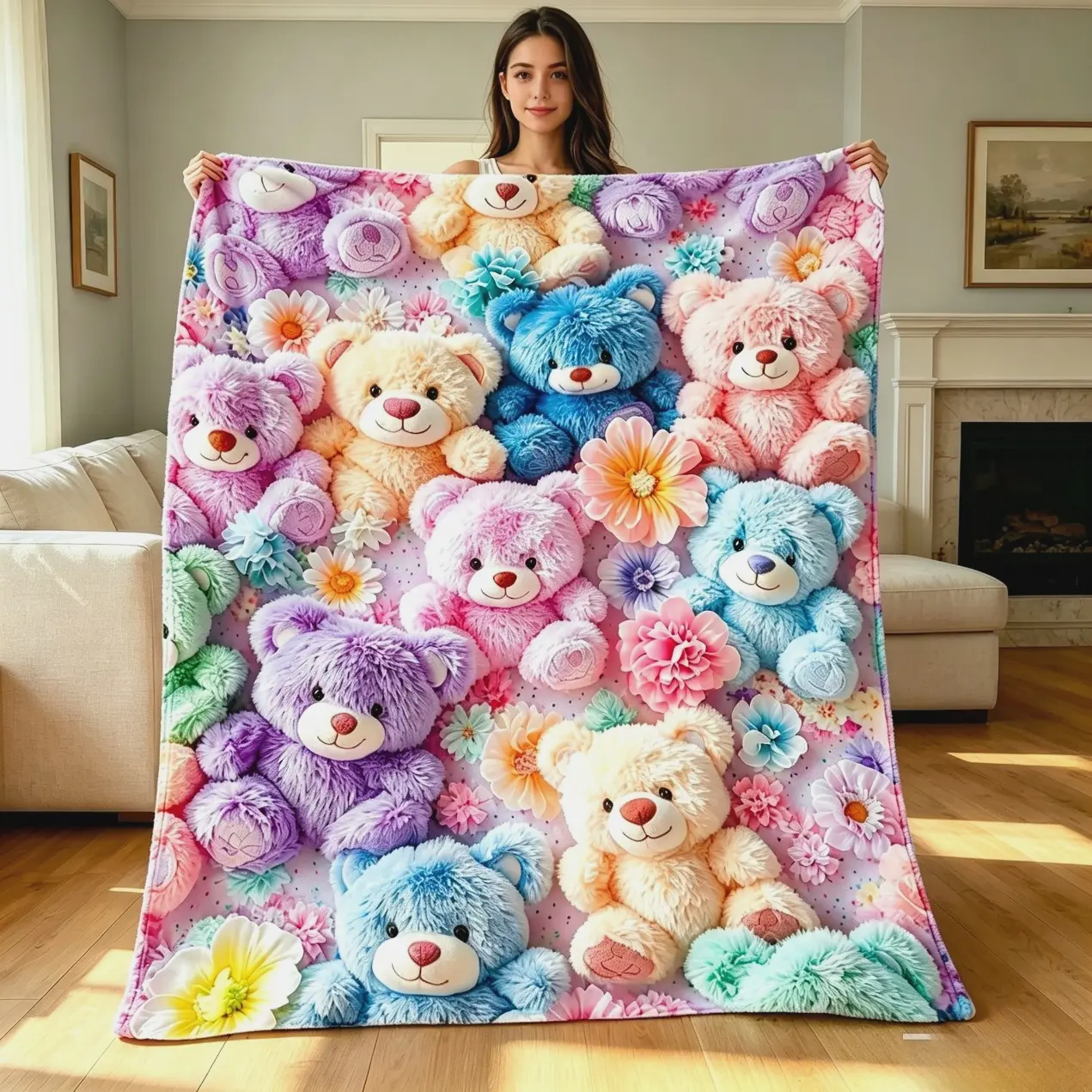 Colorful Teddy Bear Print Soft Throw Blanket, Lightweight Cozy Home Blanket with Cute Graphic Design, Warm Plush Blanket for Sofa, Bed, Living Room, Office, Travel and Camping, Cute Gift for Kids