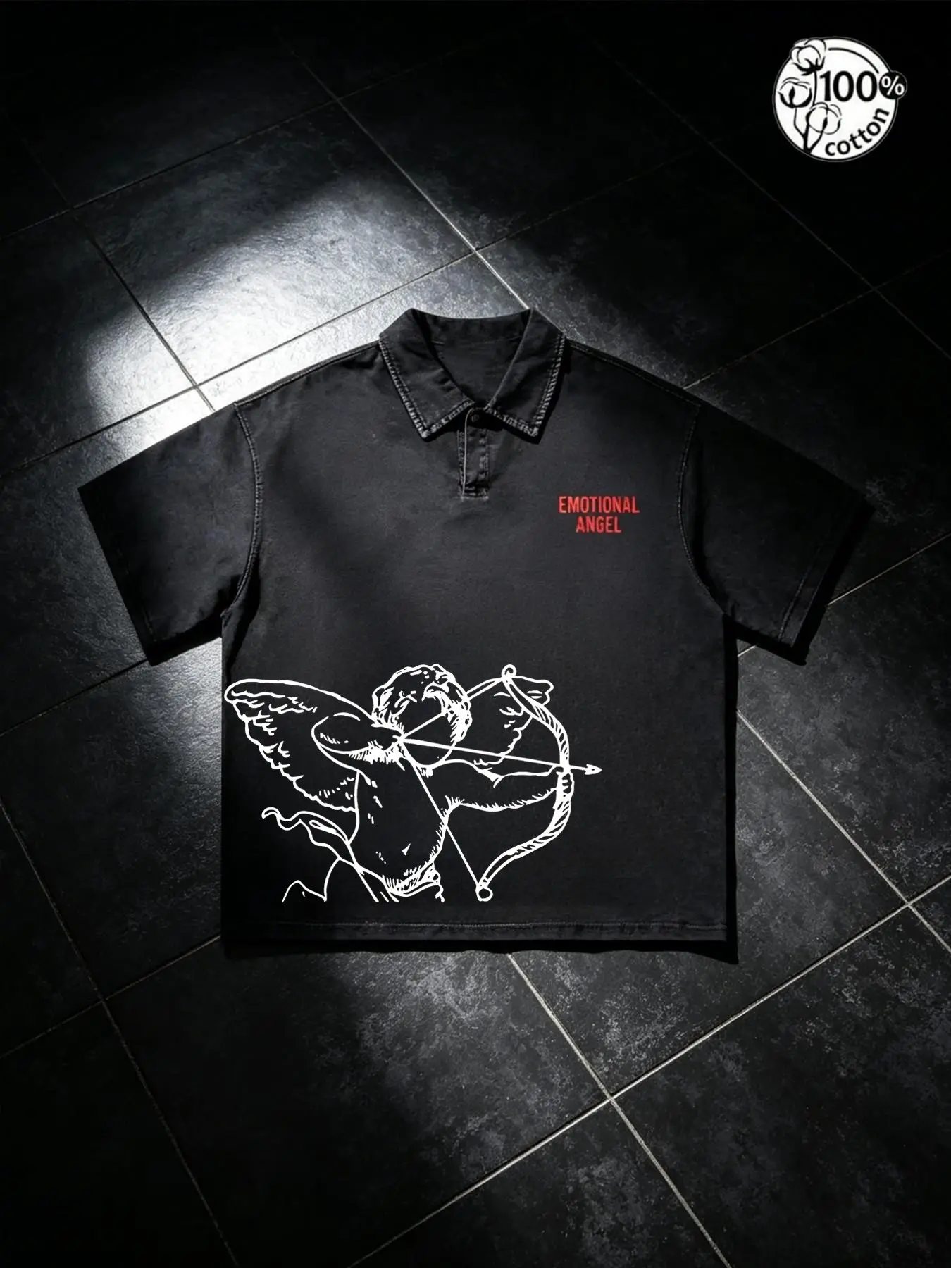 Unisex 100% Cotton Black "Emotional Angel" Cupid Graphic Print Oversized Baggy Loose Short Sleeve Polo Shirt | Retro Romantic Clean Fit Casual Streetwear Top