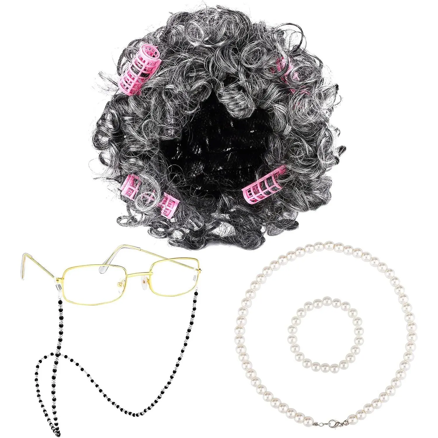 5 Pieces Halloween Old Lady Wig Costume Set Grandma Wig Hair Rollers Glasses Chain Necklace Bracelet