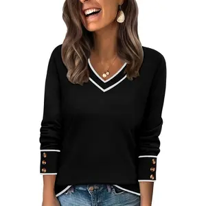 Lightweight Sweaters for Women Long Sleeve V Neck Knit Outfits with Decorative Buttons